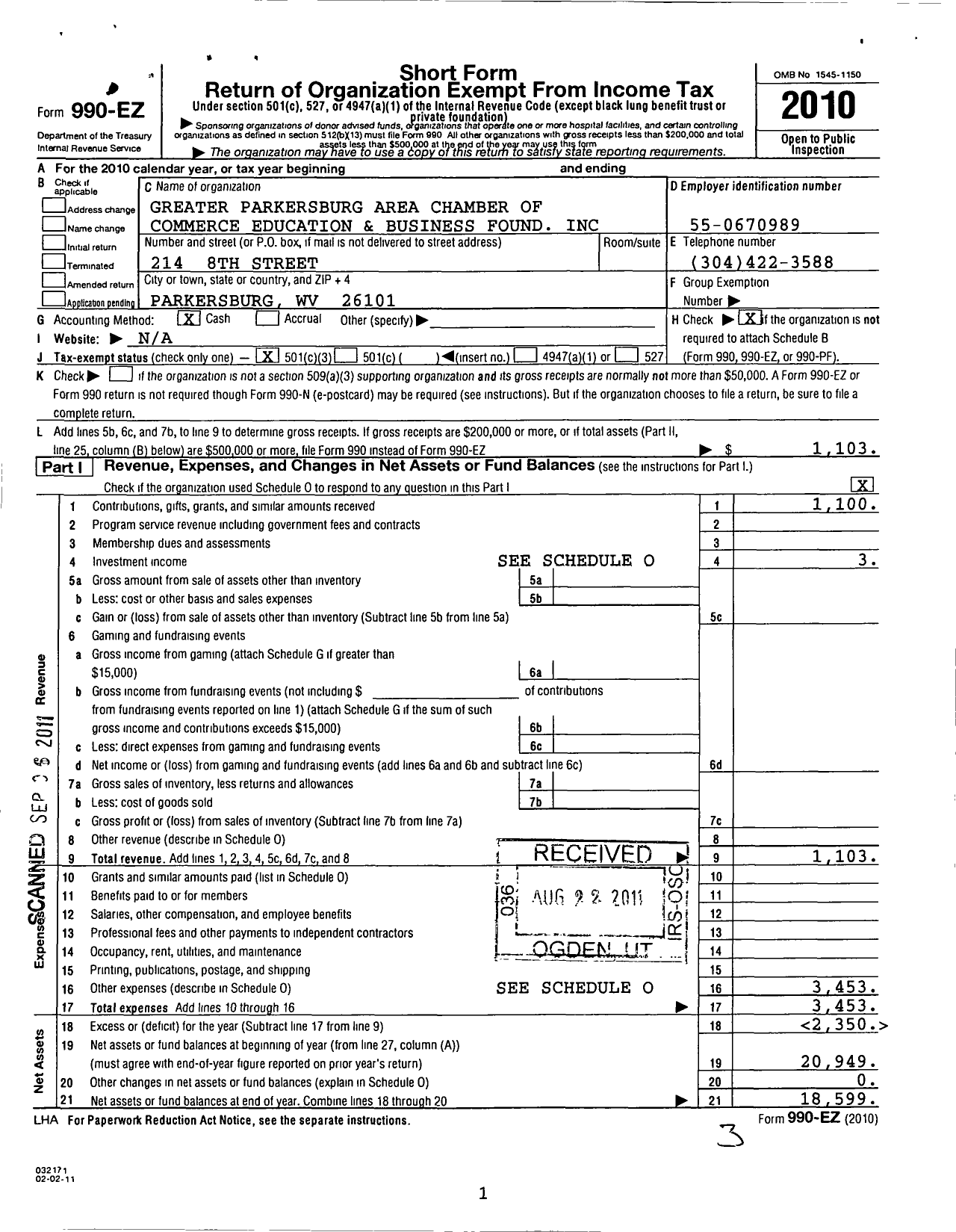 Image of first page of 2010 Form 990EZ for Greater Parkersburg Area Chamber of Commerce Education and Business