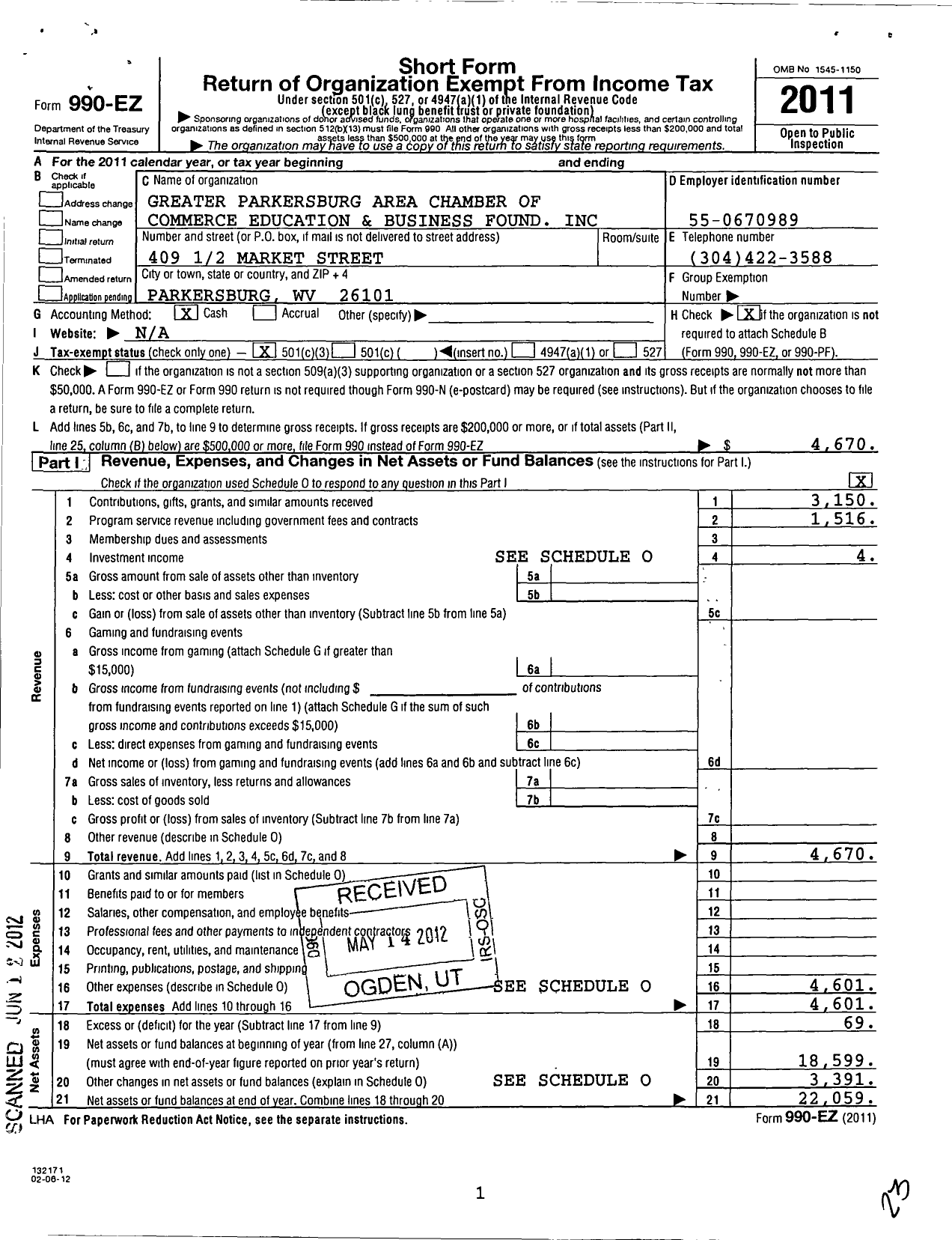 Image of first page of 2011 Form 990EZ for Greater Parkersburg Area Chamber of Commerce Education and Business