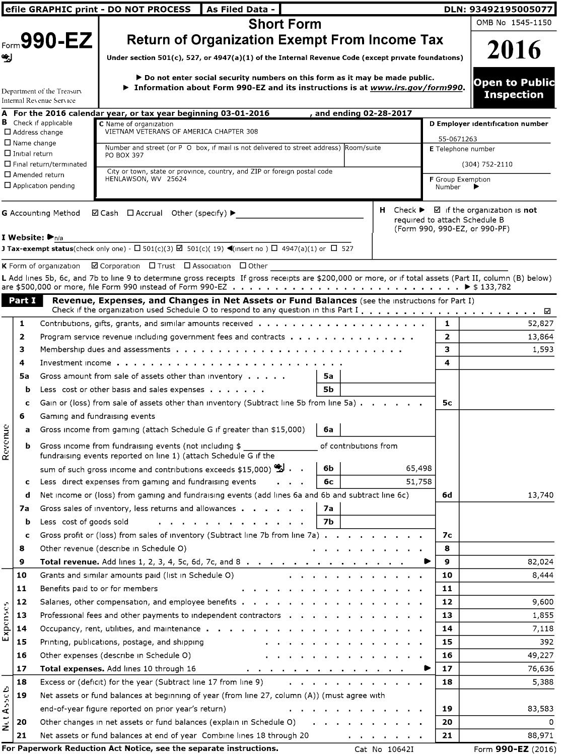 Image of first page of 2016 Form 990EO for Vietnam Veterans of America - 308 Chapter