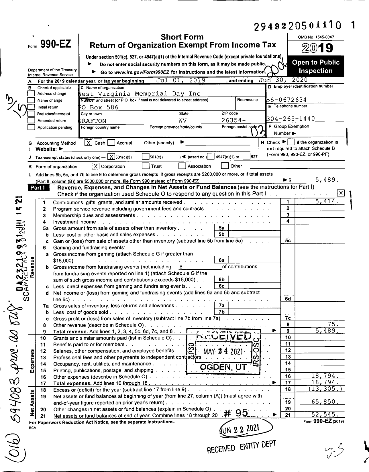 Image of first page of 2019 Form 990EZ for West Virginia Memorial Day