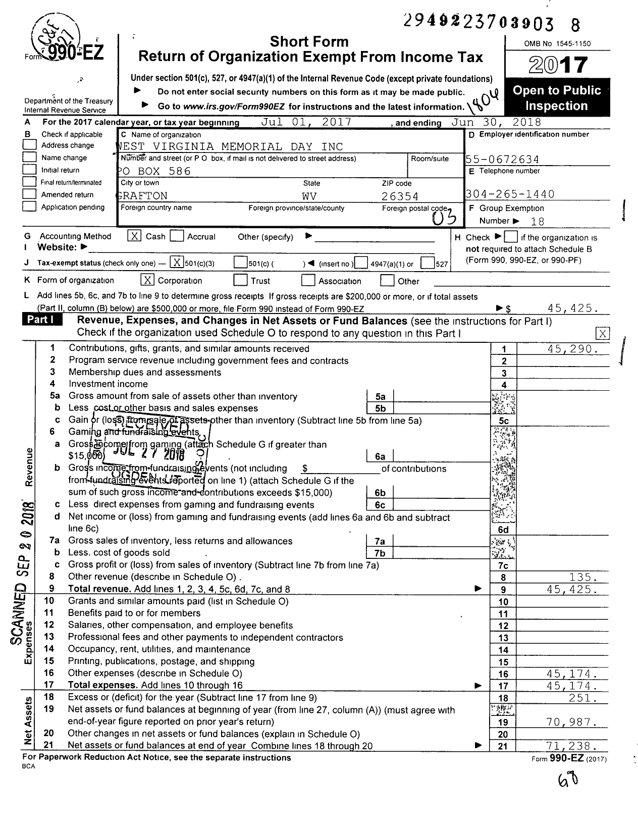 Image of first page of 2017 Form 990EZ for West Virginia Memorial Day