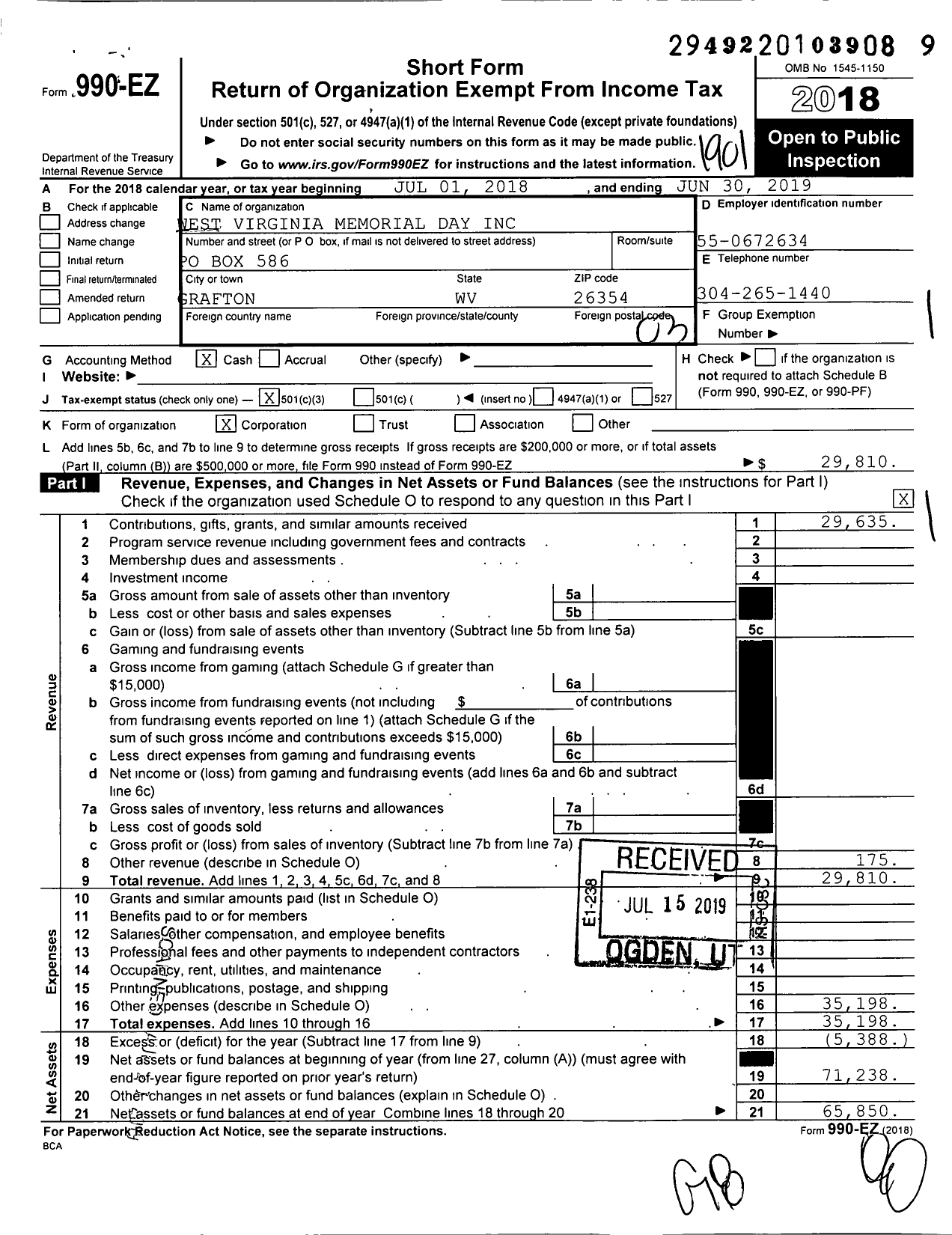 Image of first page of 2018 Form 990EZ for West Virginia Memorial Day