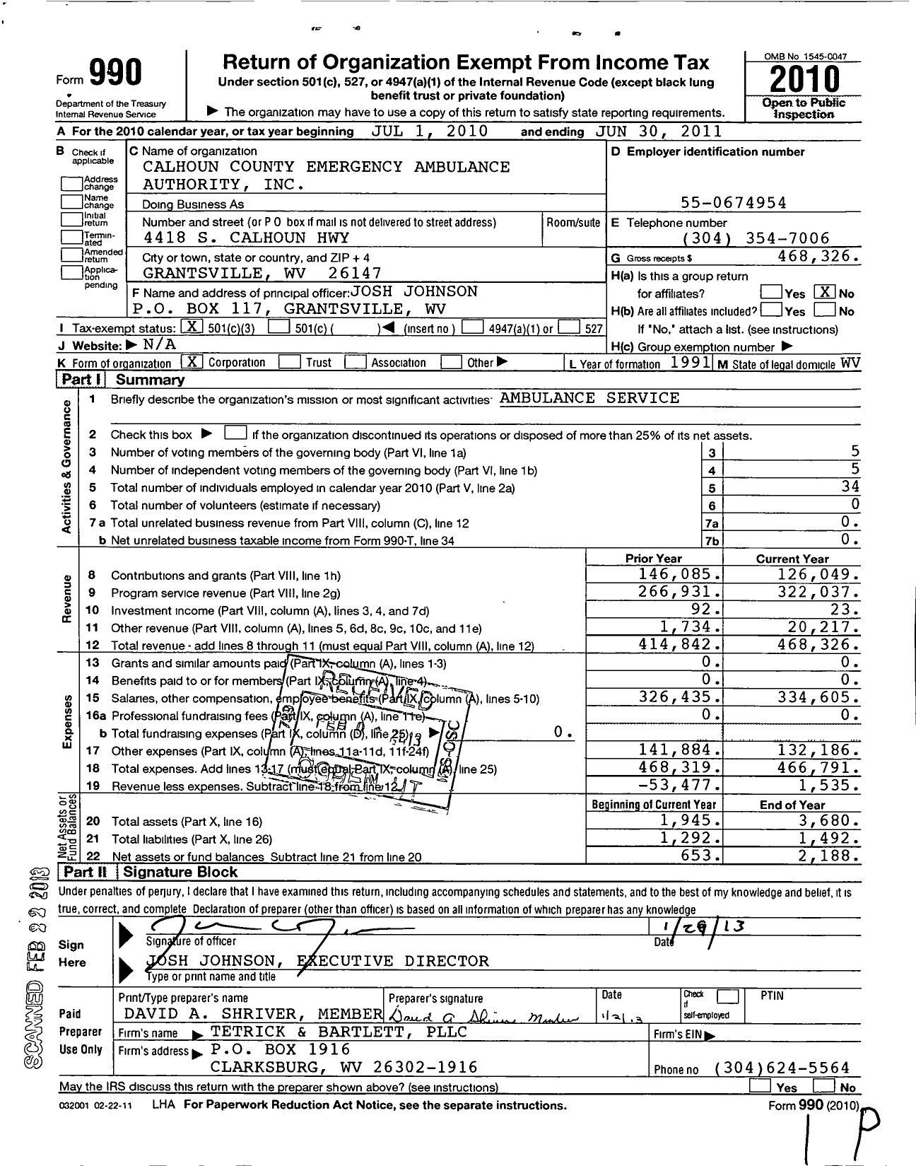 Image of first page of 2010 Form 990 for Calhoun County Emergency Medical Squad