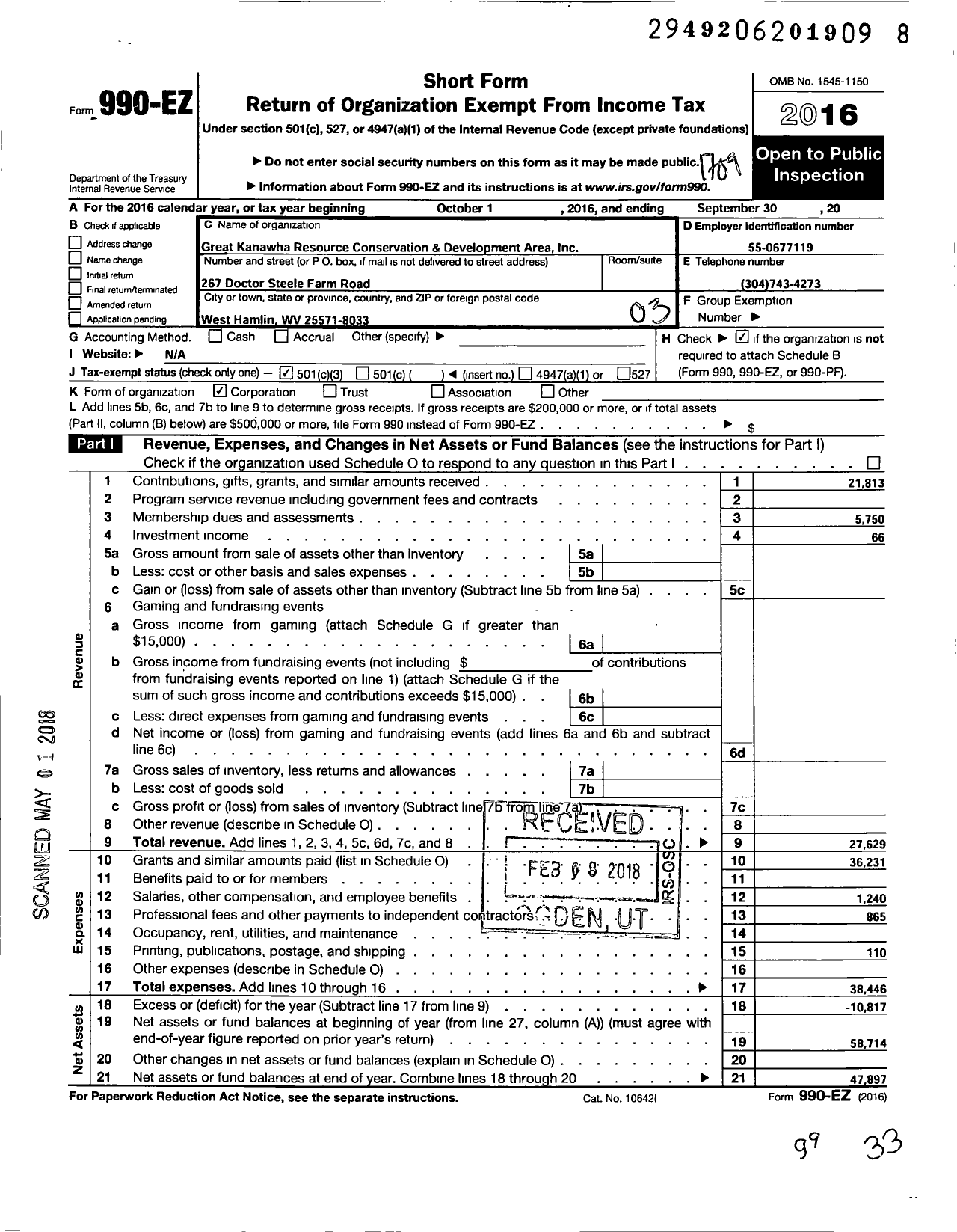 Image of first page of 2016 Form 990EZ for Great Kanawha Resource Conservation and Development Area