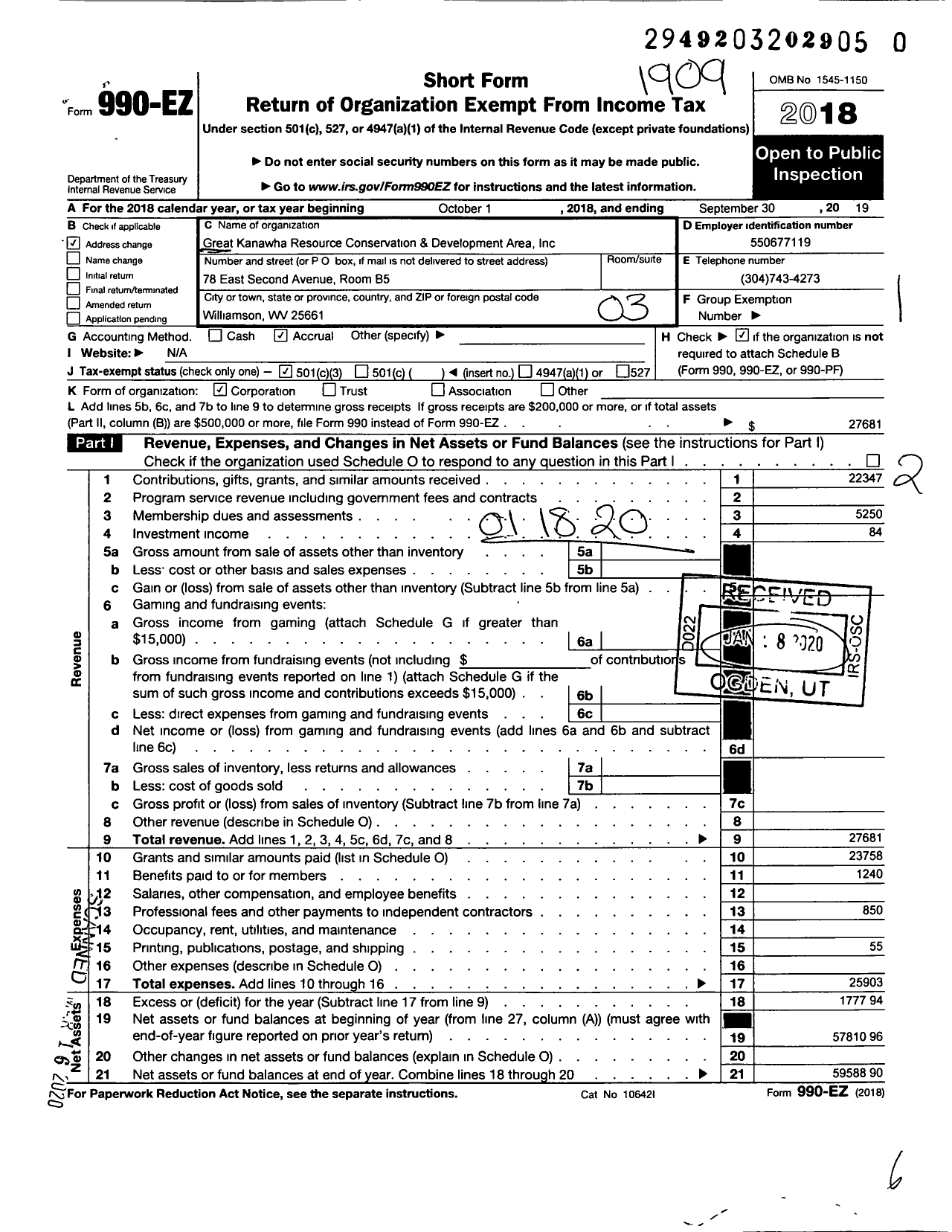 Image of first page of 2018 Form 990EZ for Great Kanawha Resource Conservation and Development Area