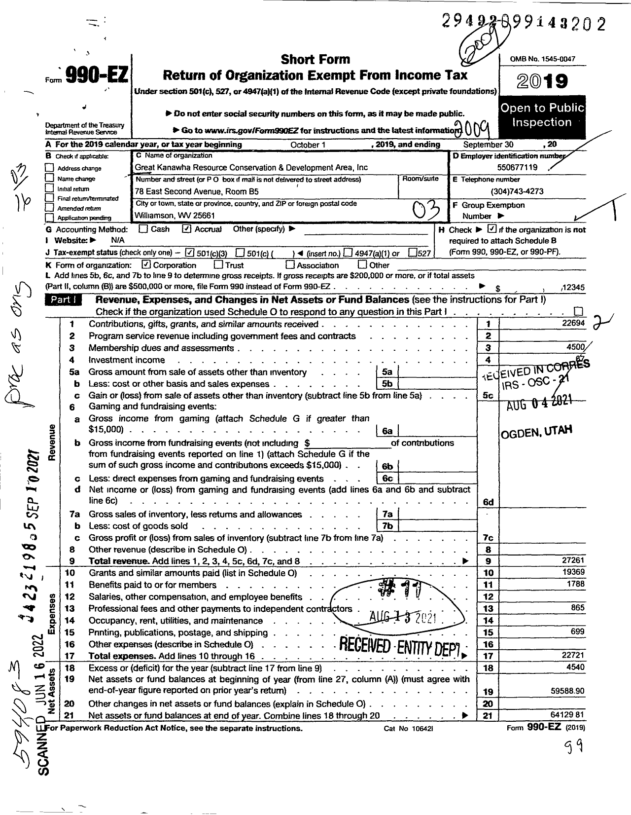 Image of first page of 2019 Form 990EZ for Great Kanawha Resource Conservation and Development Area