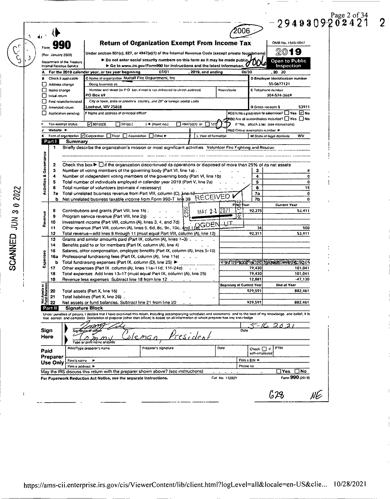 Image of first page of 2019 Form 990 for Nuttall Fire Department