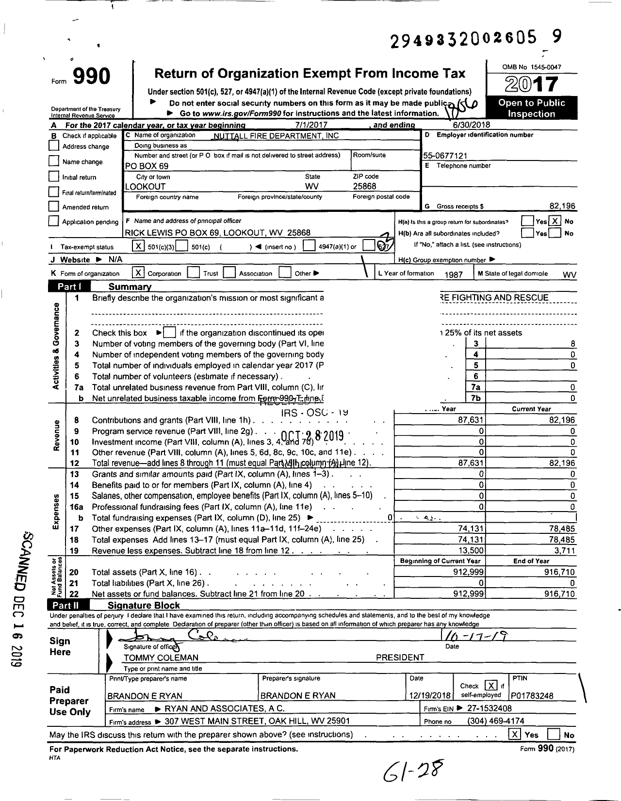 Image of first page of 2017 Form 990 for Nuttall Fire Department