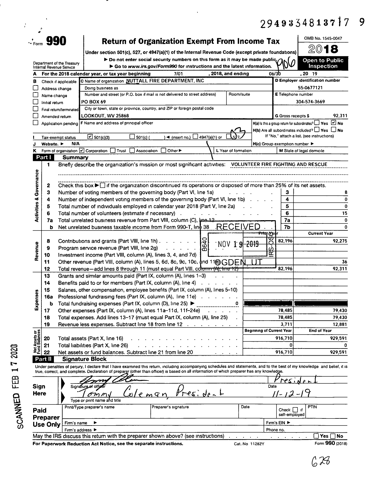 Image of first page of 2018 Form 990 for Nuttall Fire Department