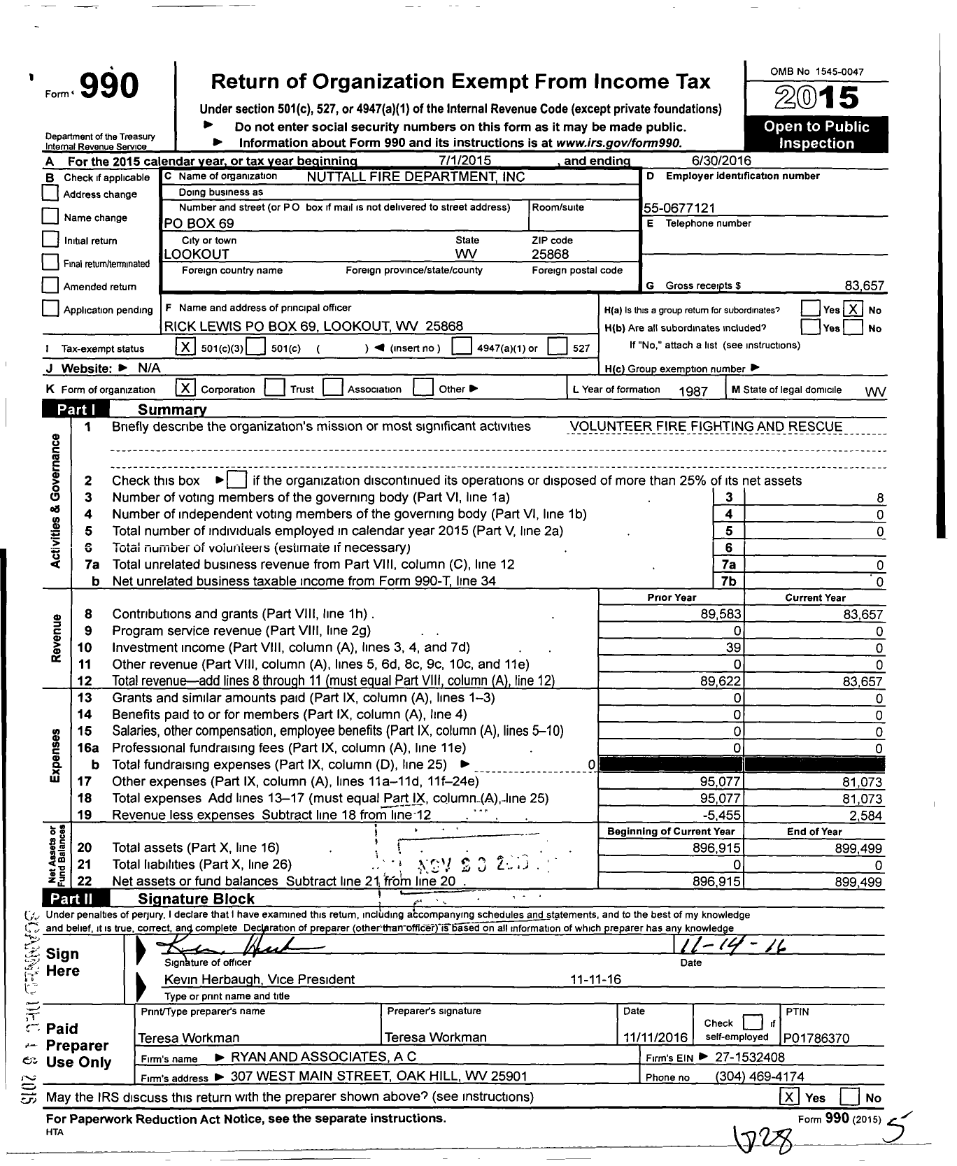 Image of first page of 2015 Form 990 for Nuttall Fire Department