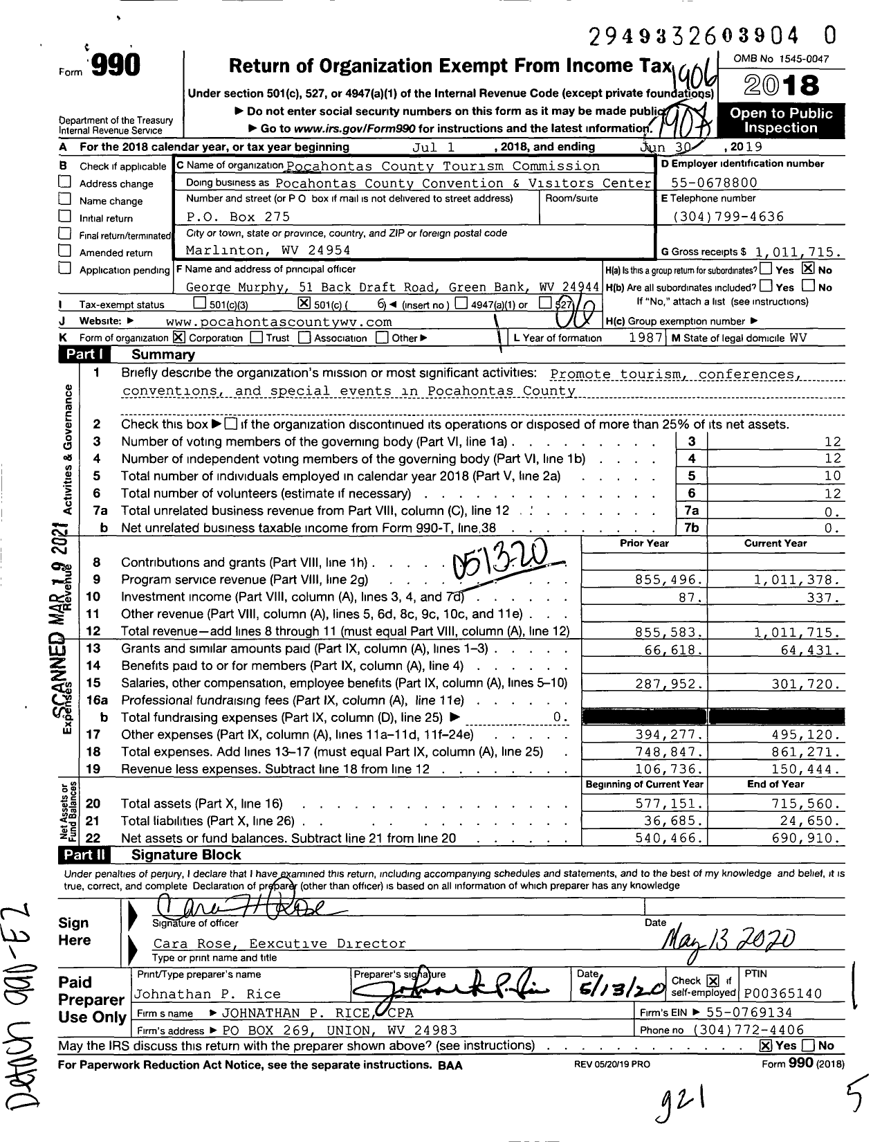 Image of first page of 2018 Form 990O for Pocahontas County Convention and Visitors Center