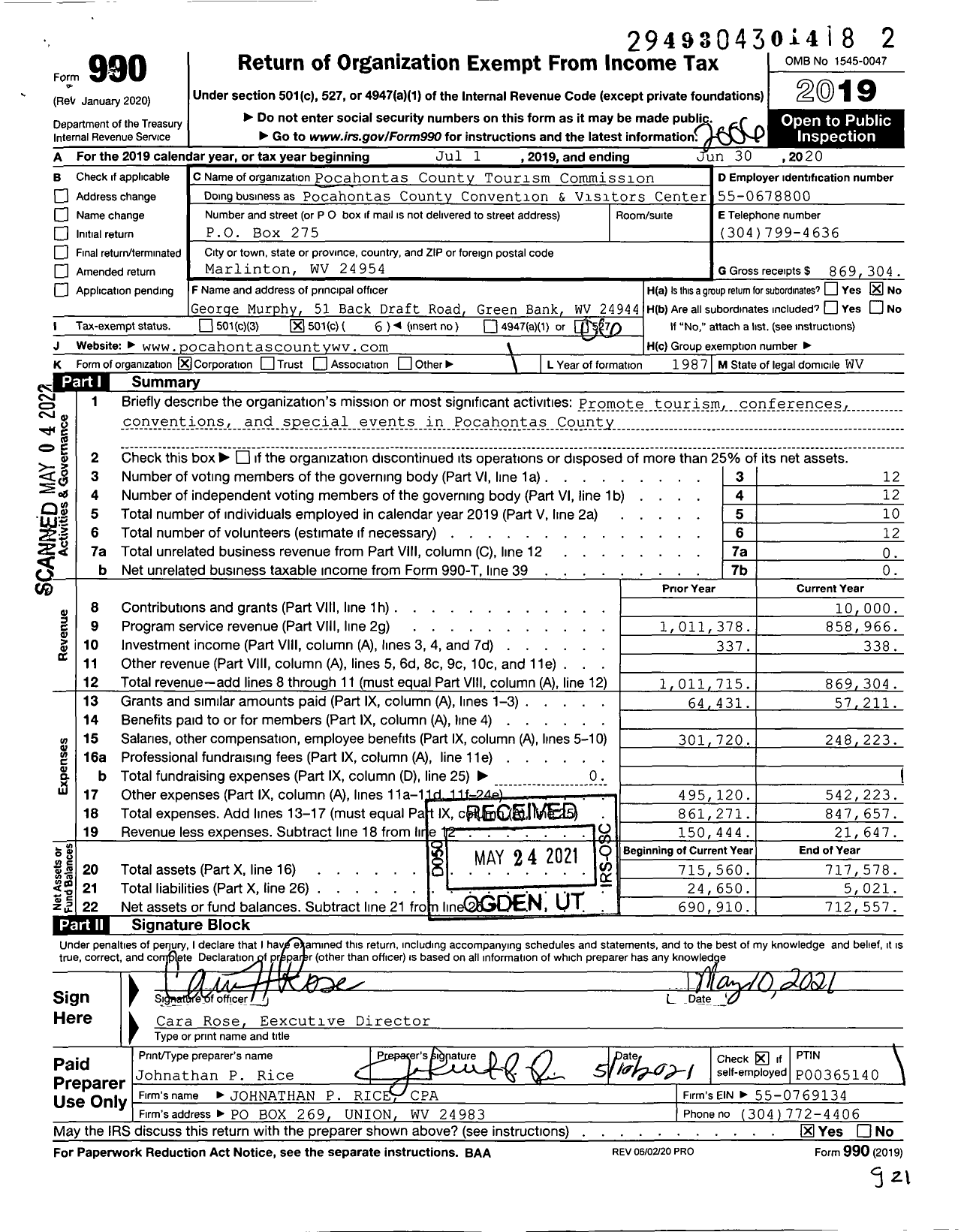 Image of first page of 2019 Form 990O for Pocahontas County Convention and Visitors Center