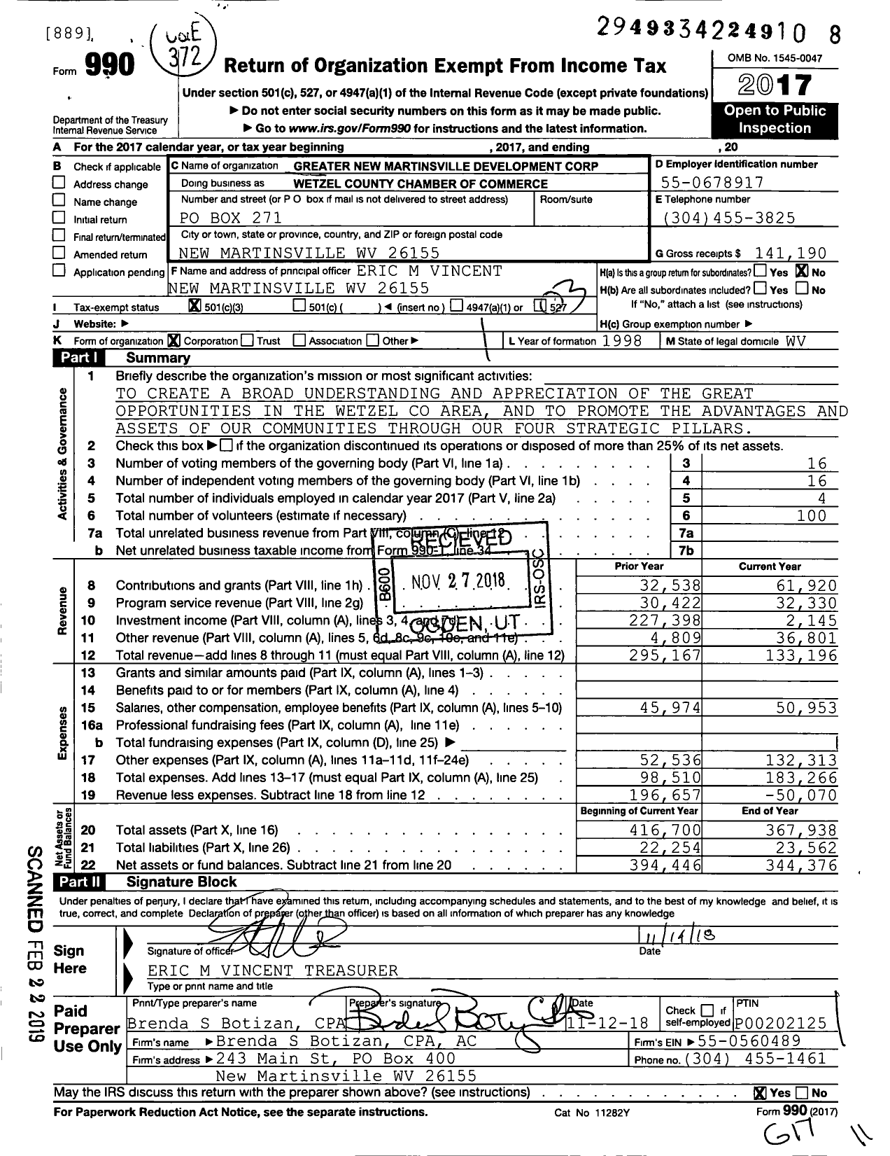 Image of first page of 2017 Form 990 for Wetzel County Chamber of Commerce