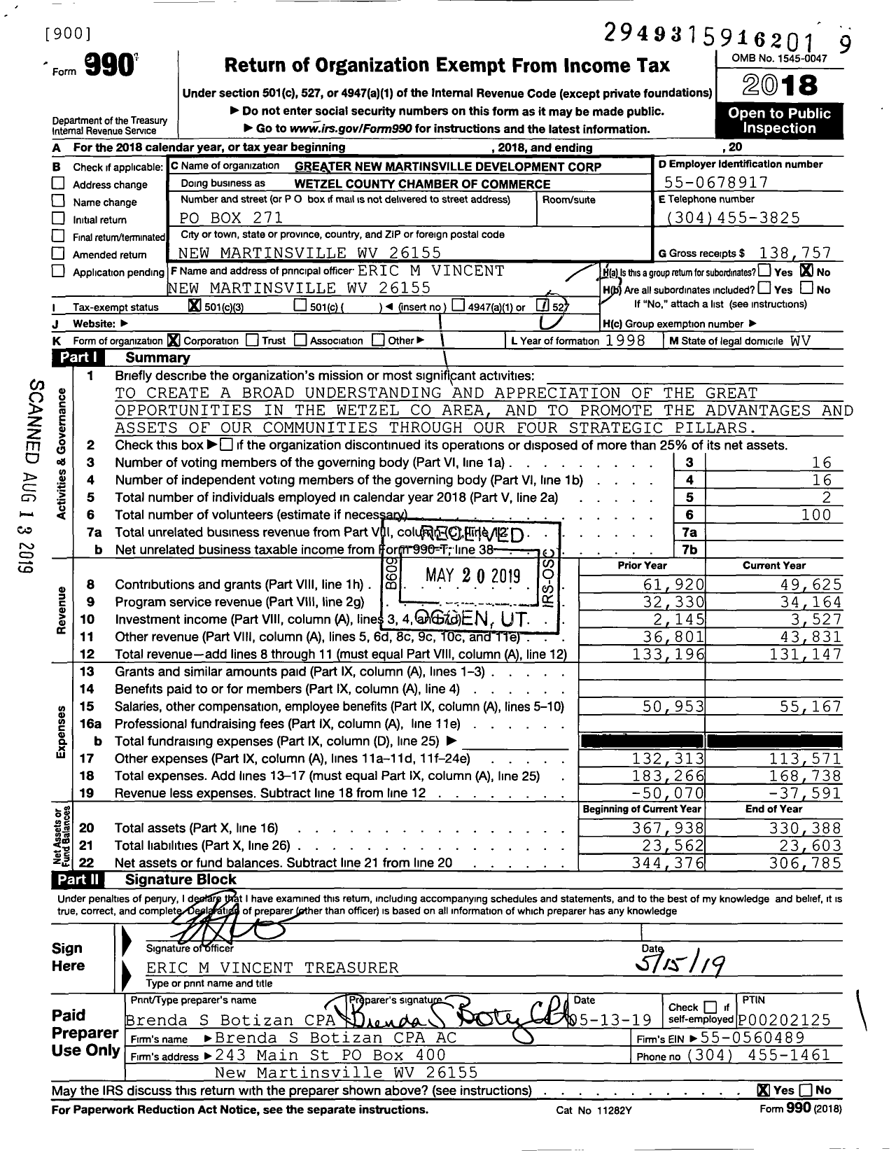 Image of first page of 2018 Form 990 for Wetzel County Chamber of Commerce