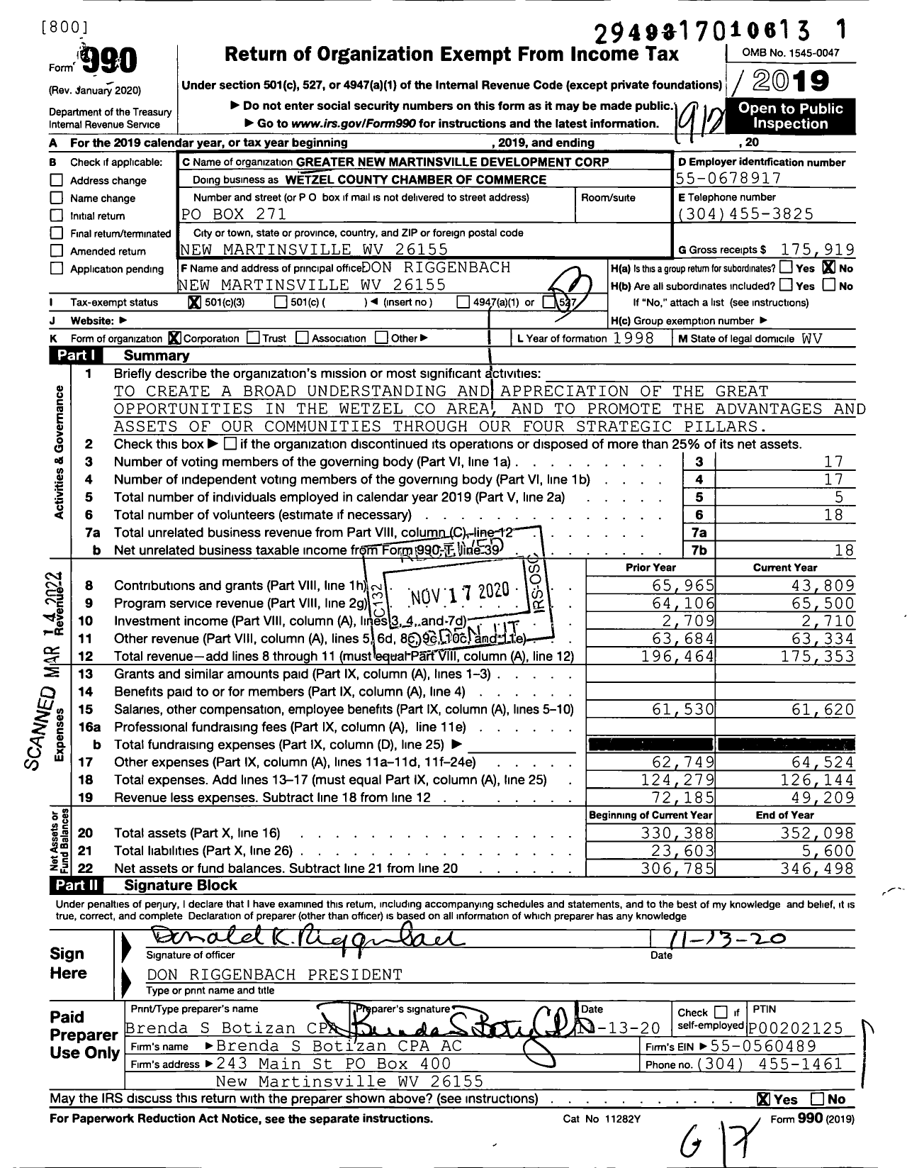 Image of first page of 2019 Form 990 for Wetzel County Chamber of Commerce