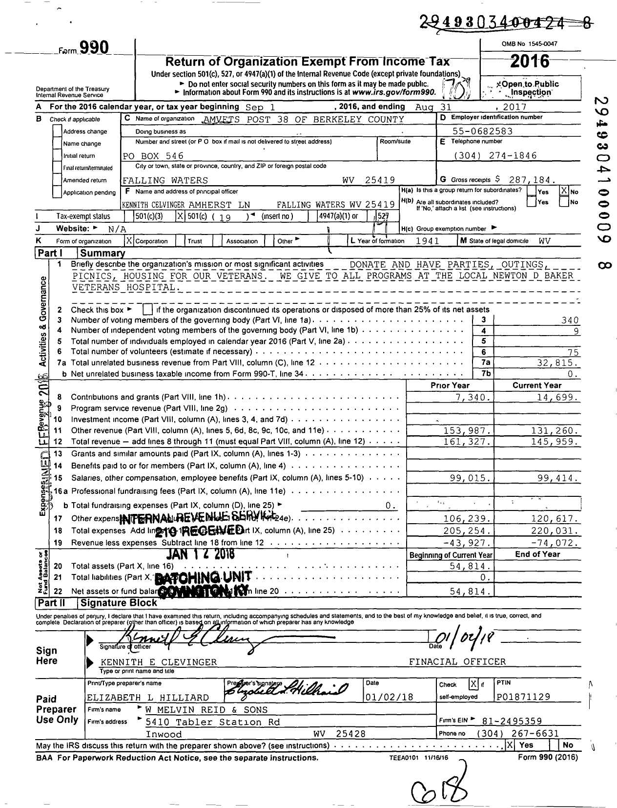 Image of first page of 2016 Form 990O for Amvets - Amvets Post 38 of Berkeley County