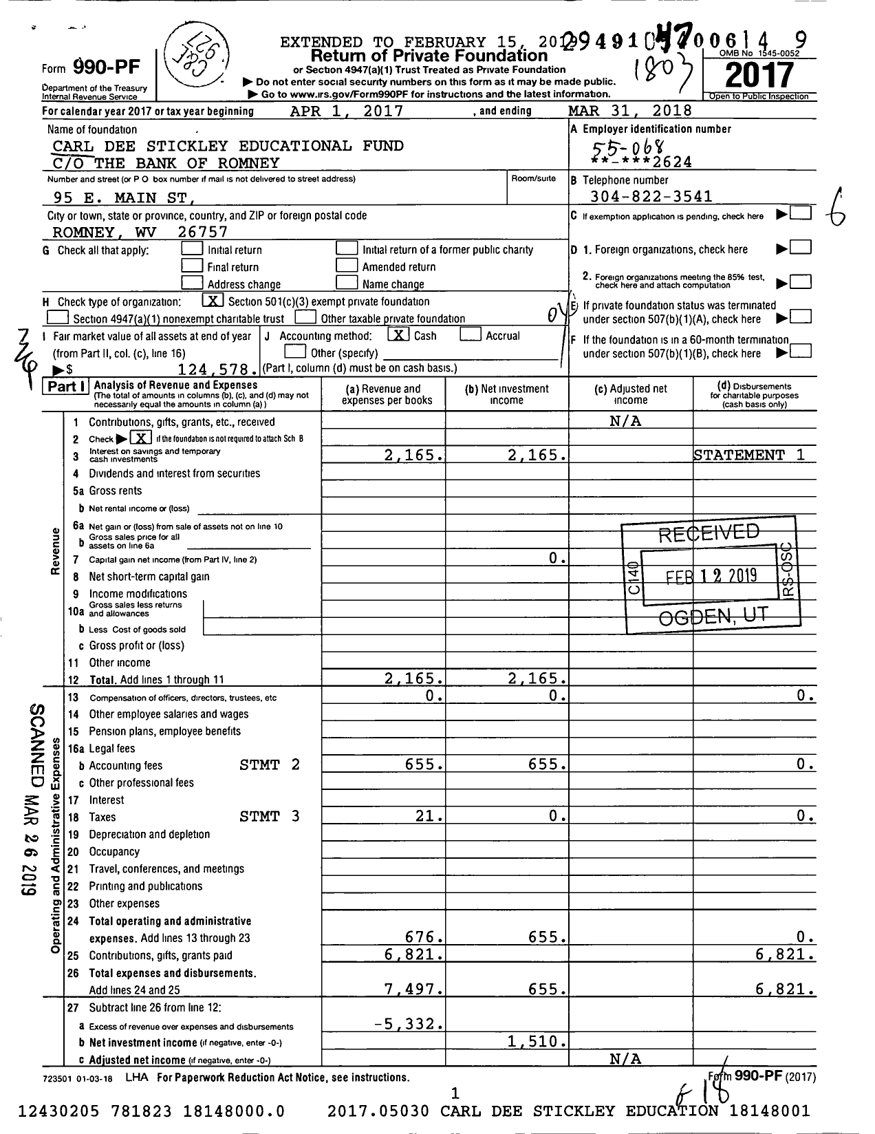 Image of first page of 2017 Form 990PF for Carl Dee Stickley Educational Fund