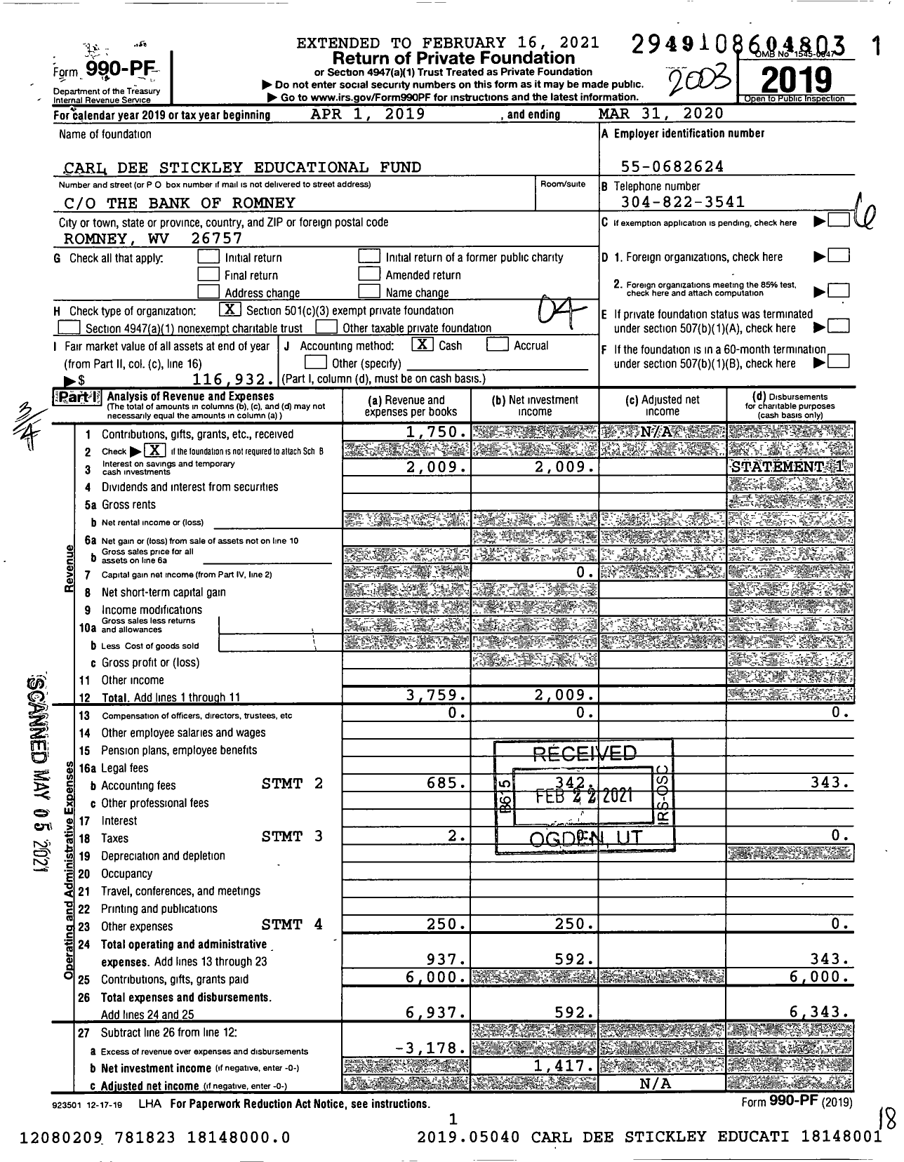 Image of first page of 2019 Form 990PF for Carl Dee Stickley Educational Fund