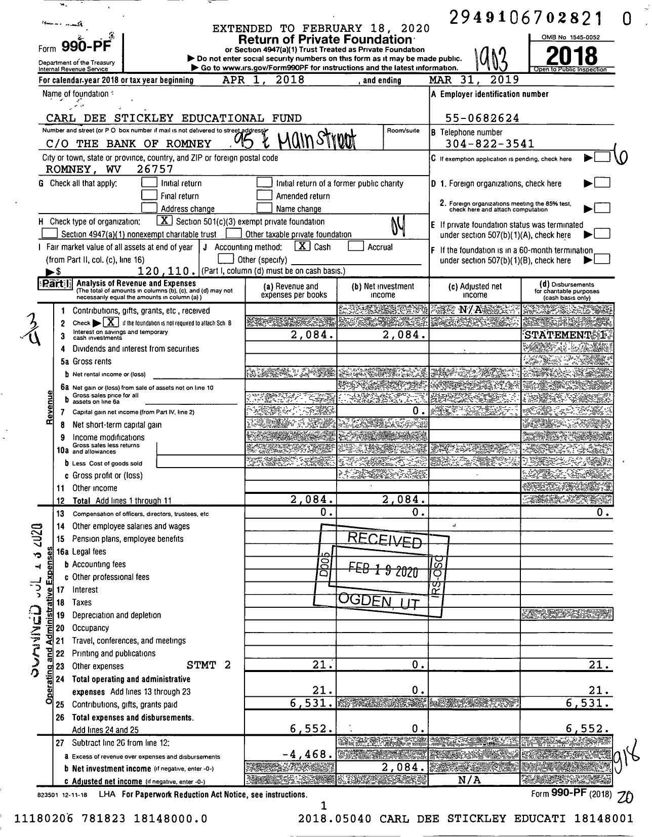 Image of first page of 2018 Form 990PR for Carl Dee Stickley Educational Fund