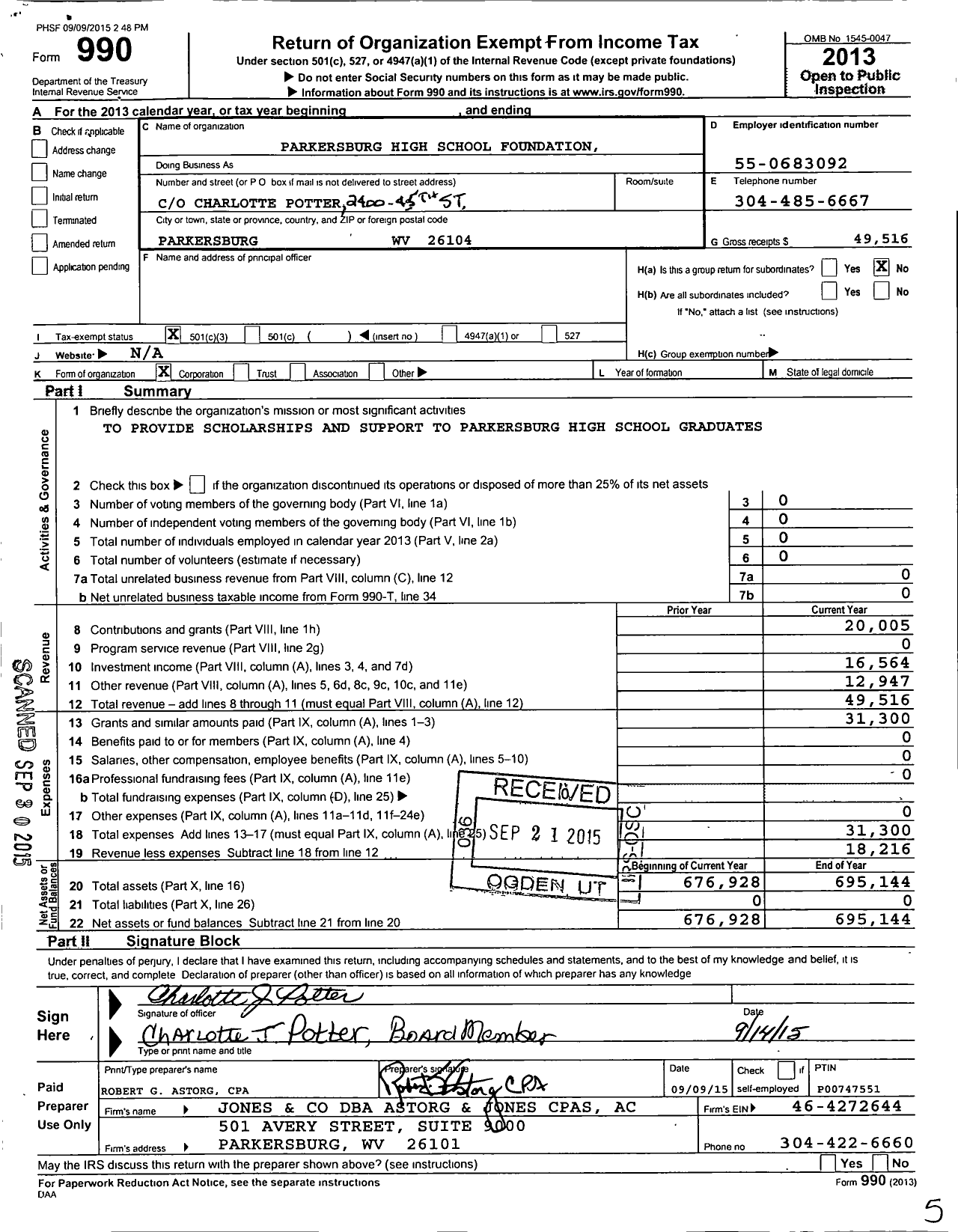 Image of first page of 2013 Form 990 for Parkersburg High School Foundation