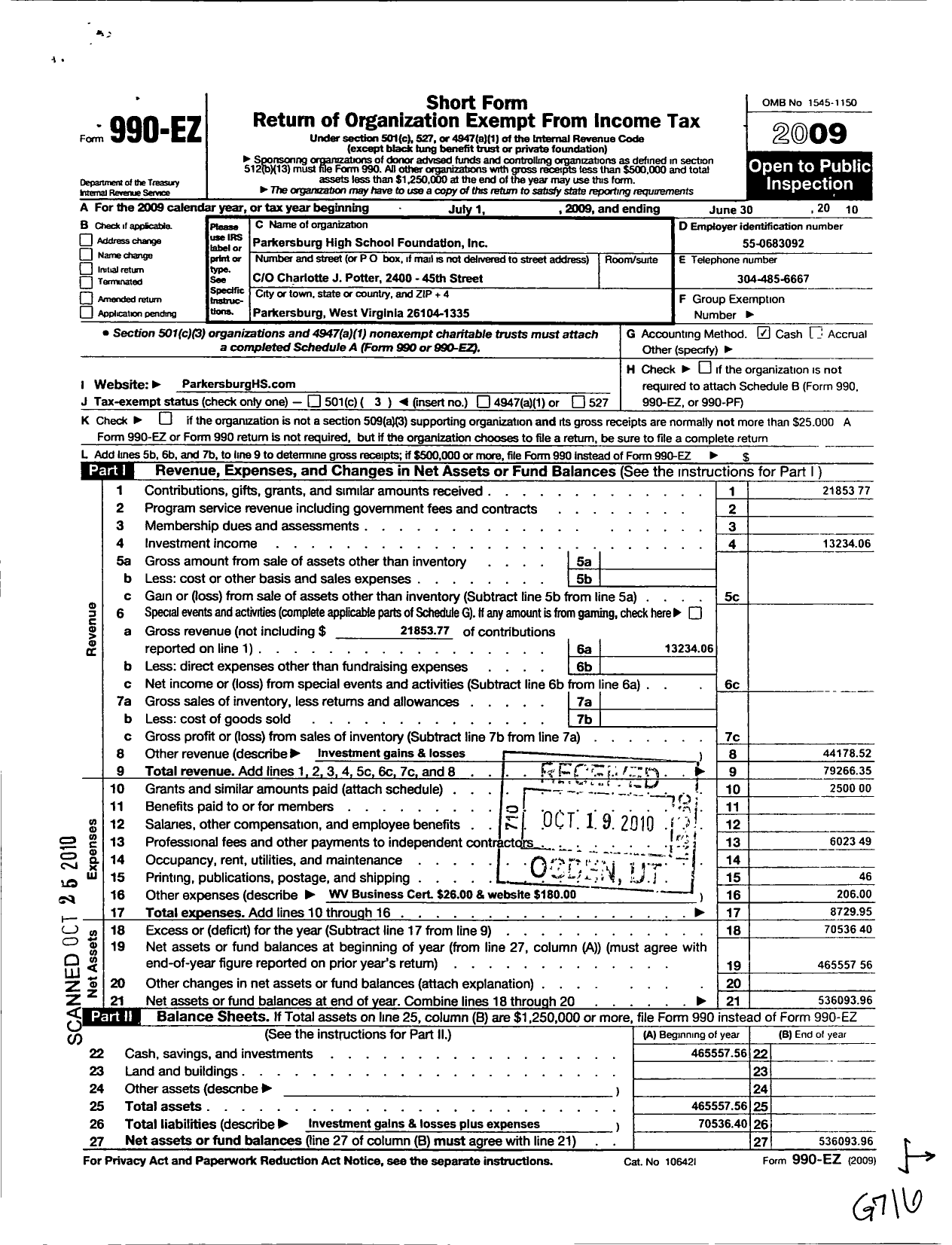 Image of first page of 2009 Form 990EZ for Parkersburg High School Foundation