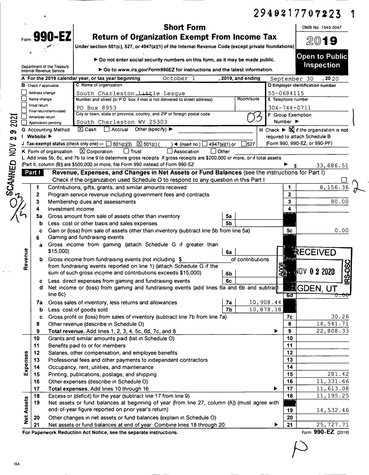 Image of first page of 2019 Form 990EZ for Little League Baseball - 3480319 South Charleston LL