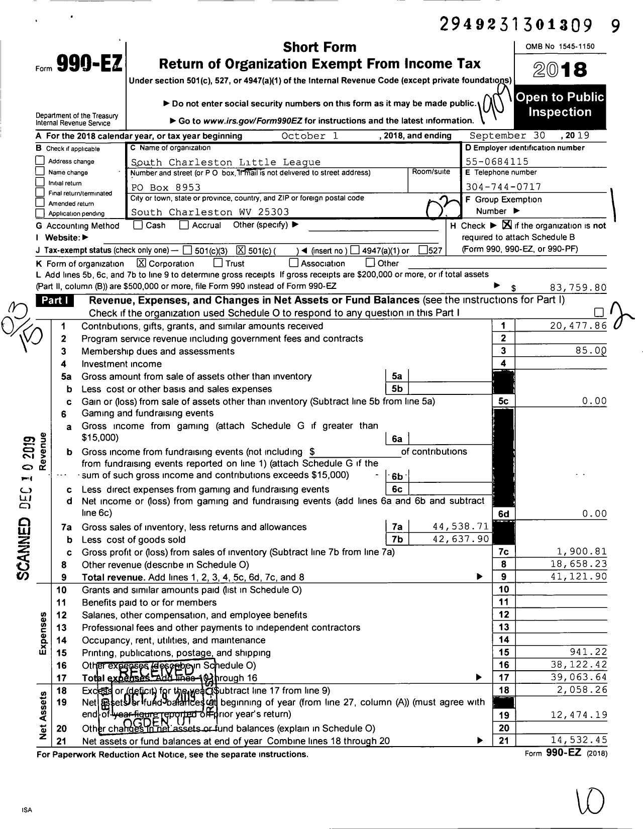 Image of first page of 2018 Form 990EZ for Little League Baseball - 3480319 South Charleston LL