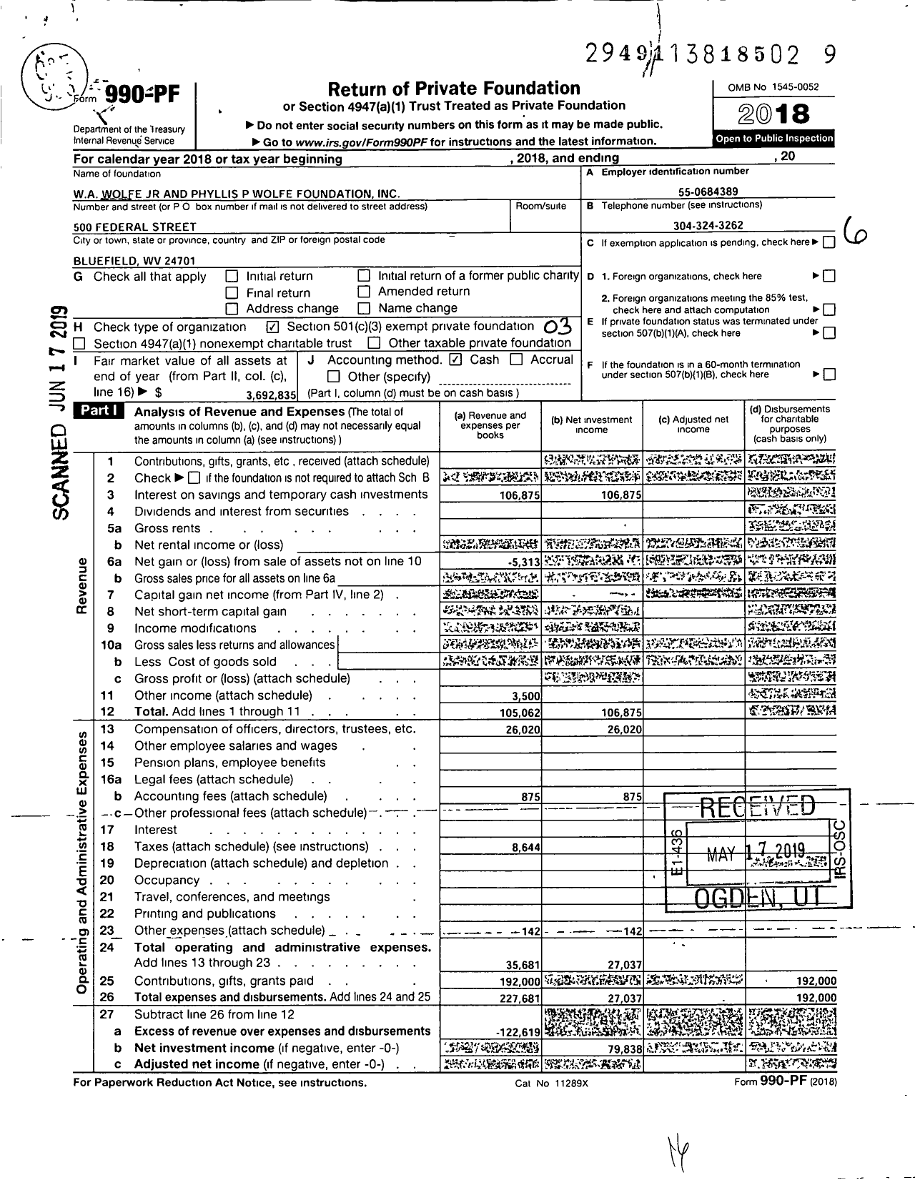 Image of first page of 2018 Form 990PF for W A Wolfe JR and Phyllis P Wolfe Foundation