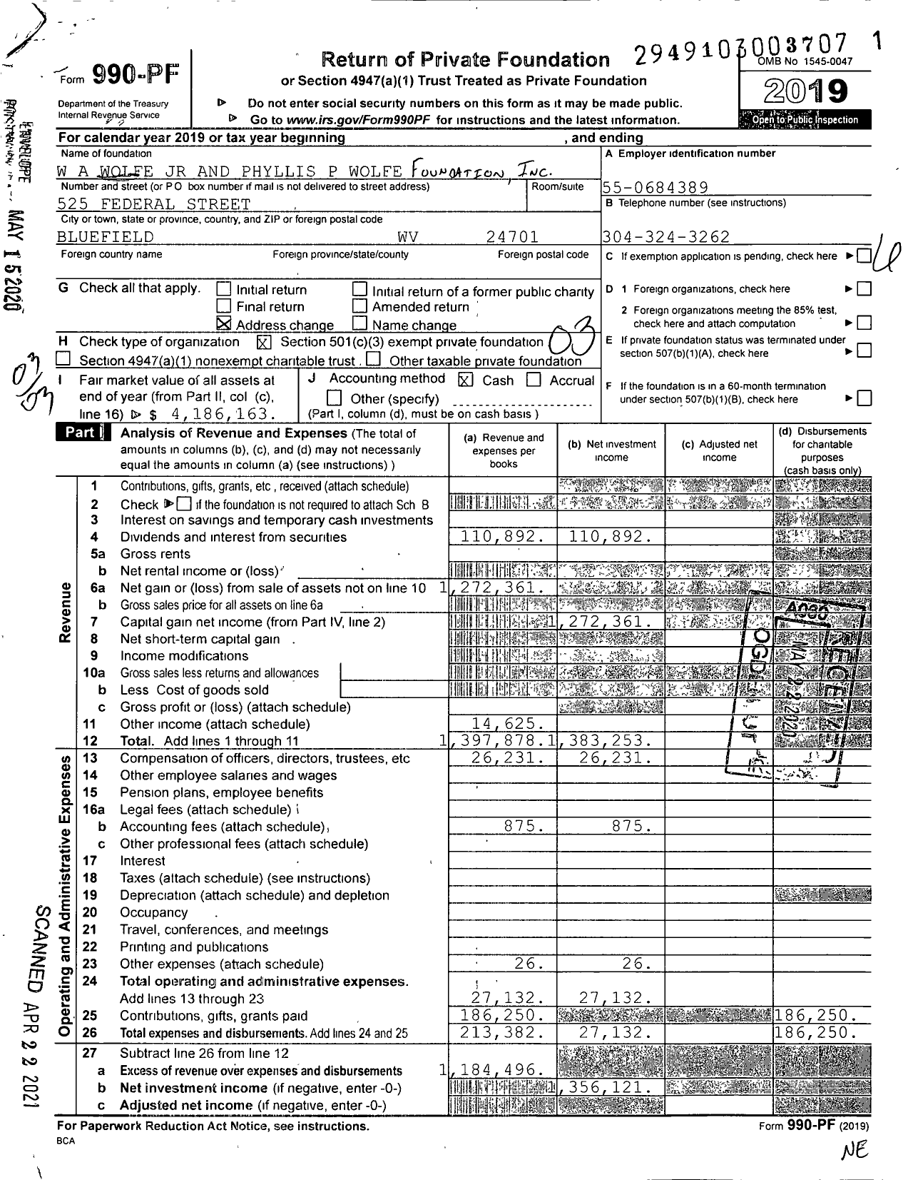 Image of first page of 2019 Form 990PF for W A Wolfe JR and Phyllis P Wolfe Foundation