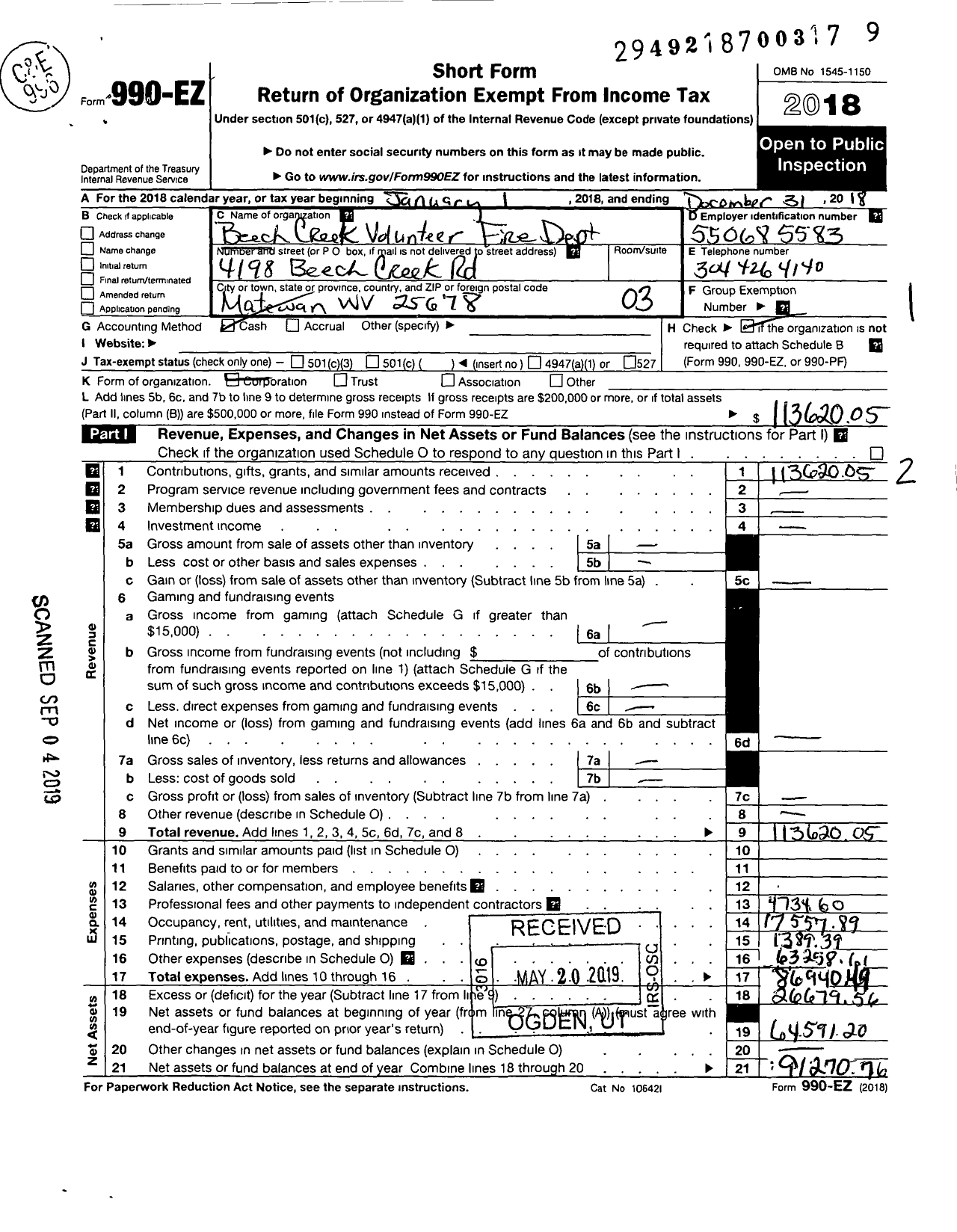 Image of first page of 2018 Form 990EZ for Beech Creek Volunteer Fire Dept