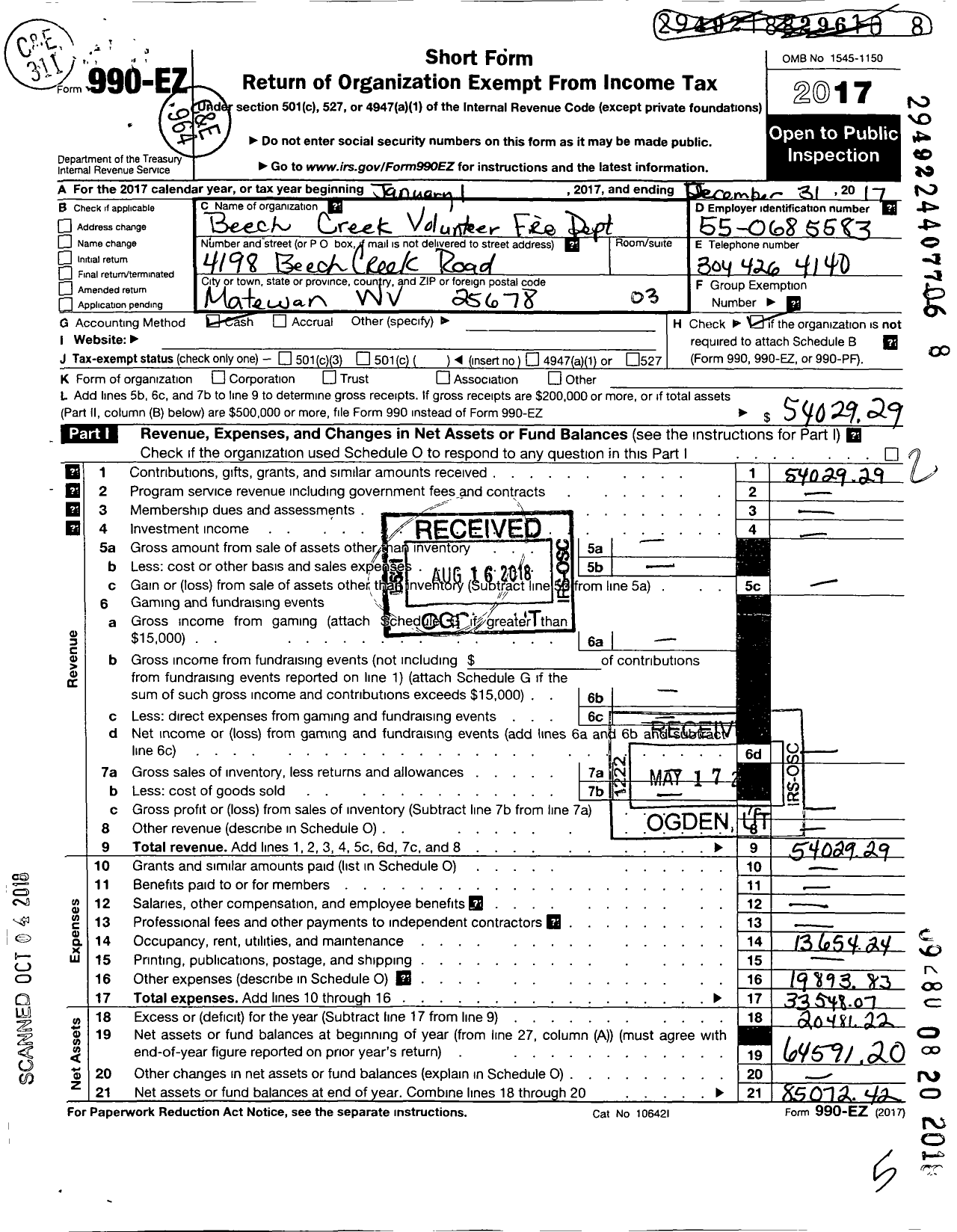 Image of first page of 2017 Form 990EZ for Beech Creek Volunteer Fire Dept