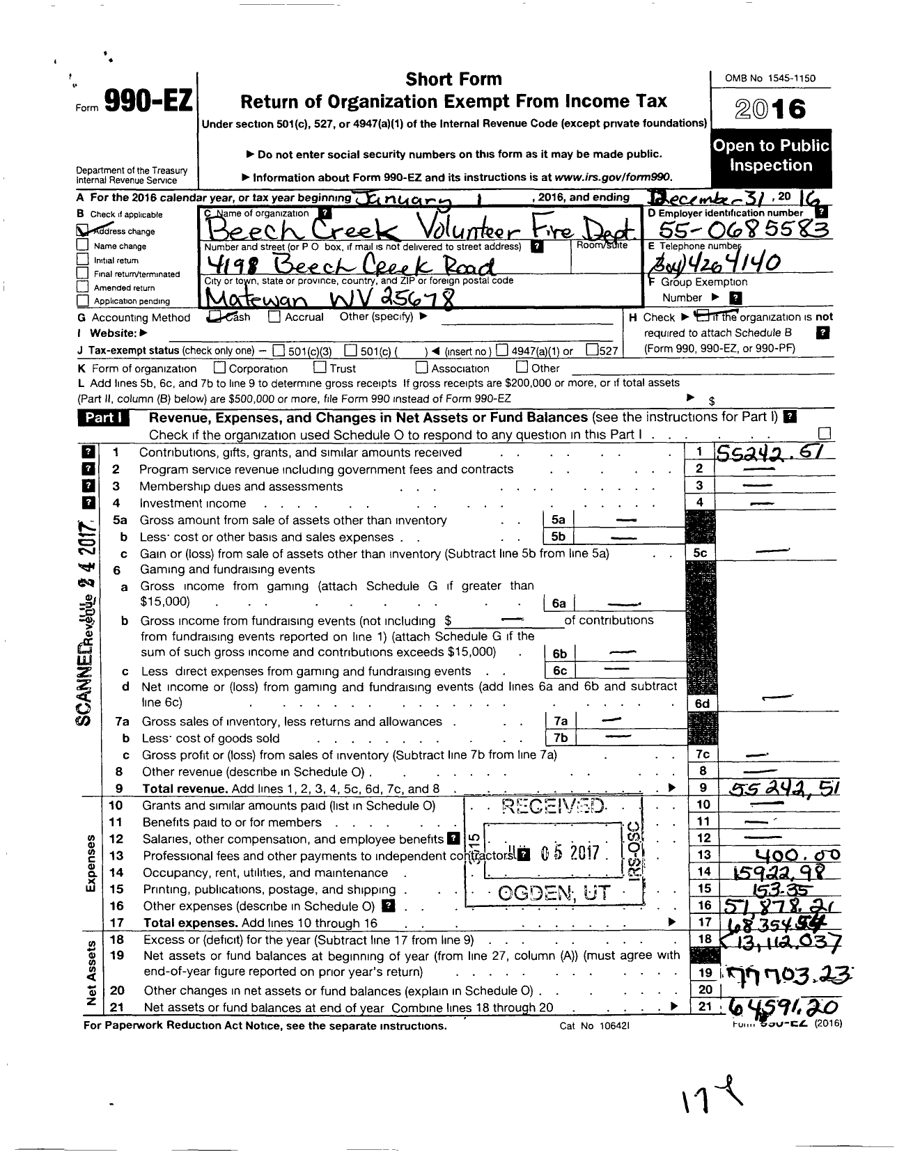 Image of first page of 2016 Form 990EO for Beech Creek Volunteer Fire Dept