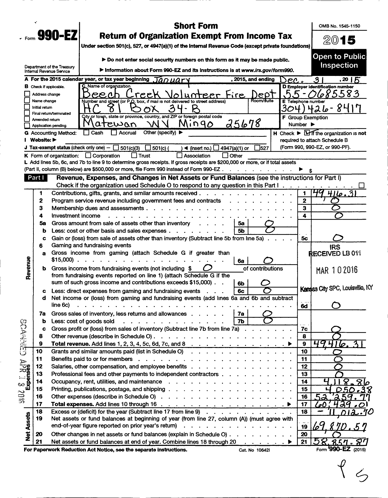 Image of first page of 2015 Form 990EO for Beech Creek Volunteer Fire Dept