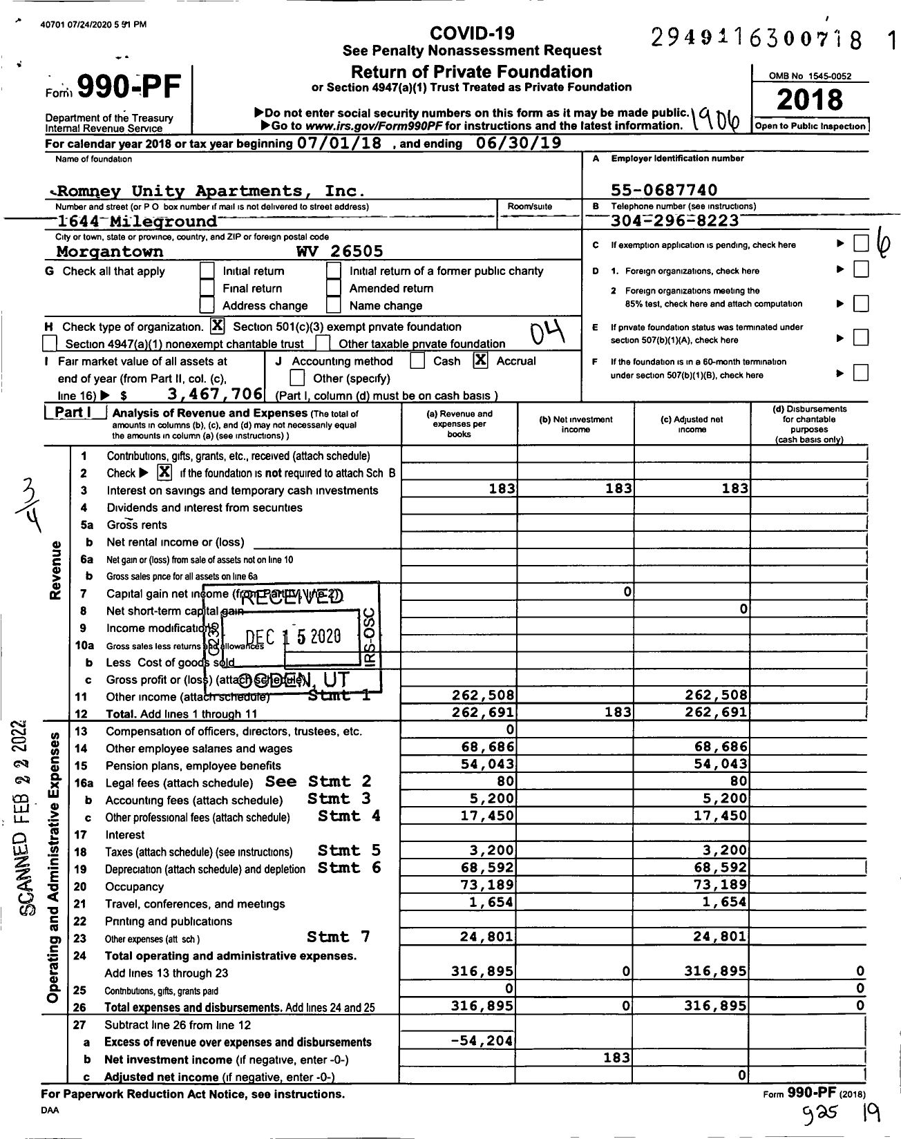 Image of first page of 2018 Form 990PF for Romney Unity Apartments