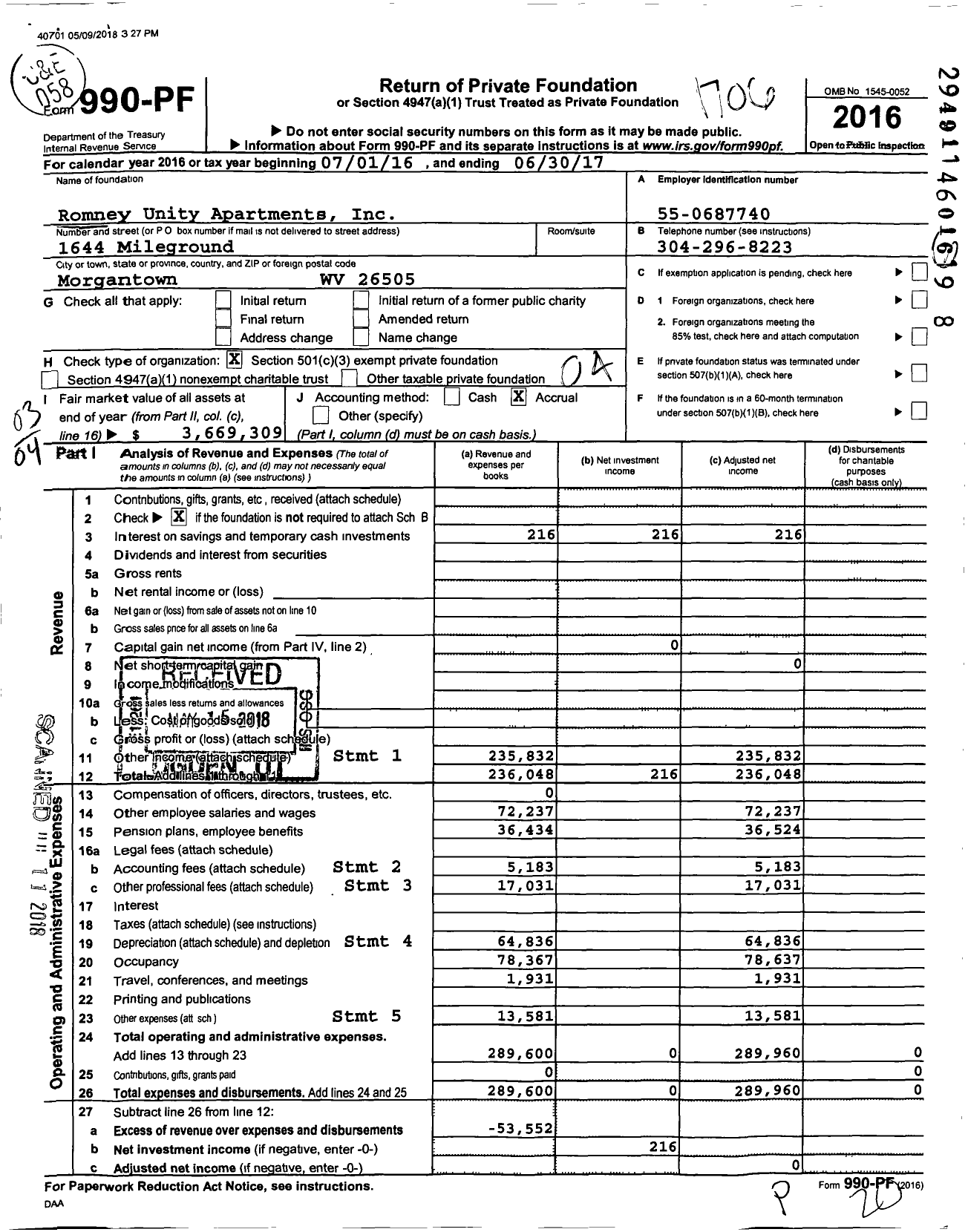 Image of first page of 2016 Form 990PF for Romney Unity Apartments