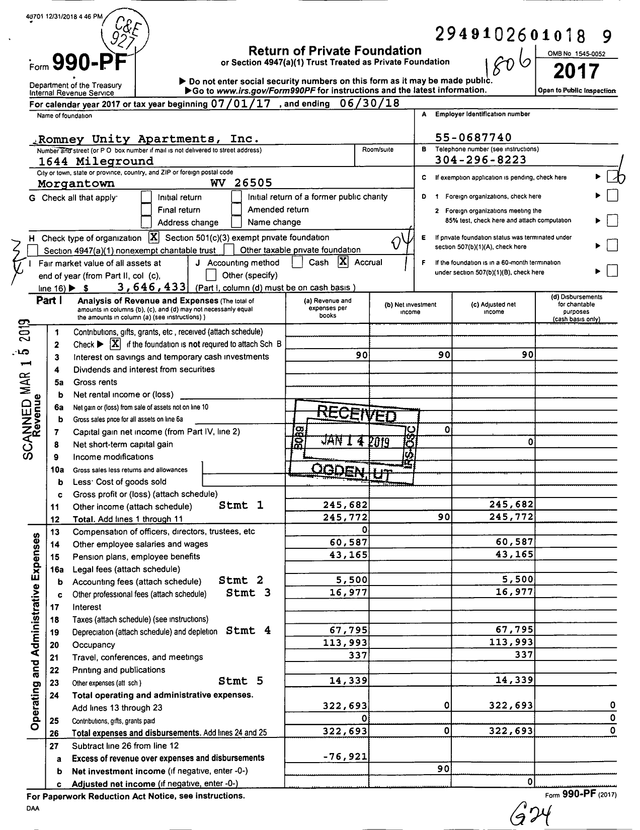 Image of first page of 2017 Form 990PF for Romney Unity Apartments