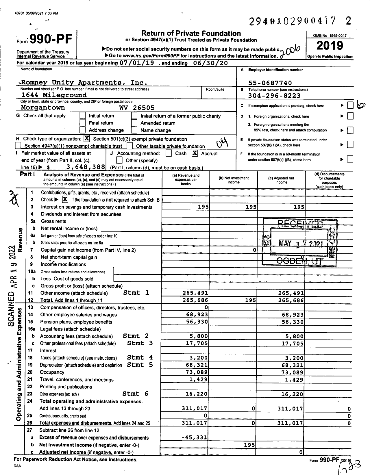 Image of first page of 2019 Form 990PF for Romney Unity Apartments