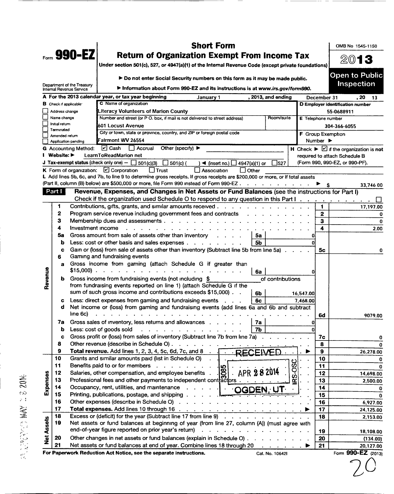 Image of first page of 2013 Form 990EO for Literacy Volunteers of Marion County