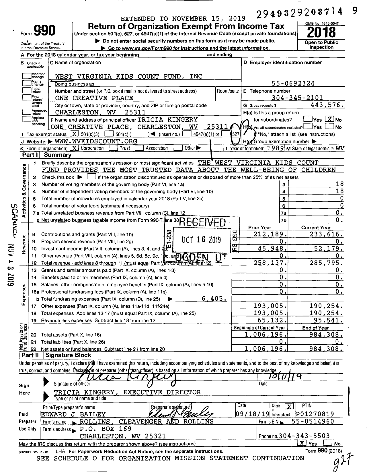 Image of first page of 2018 Form 990 for West Virginia Kids Count