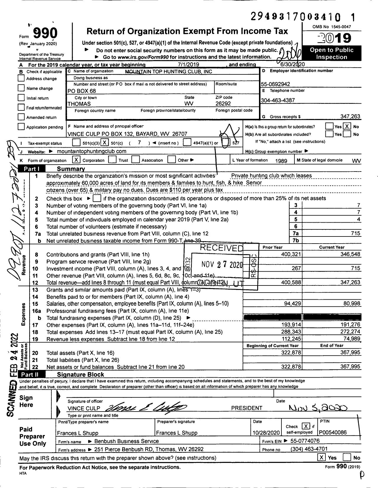 Image of first page of 2019 Form 990O for Mountain Top Hunting Club