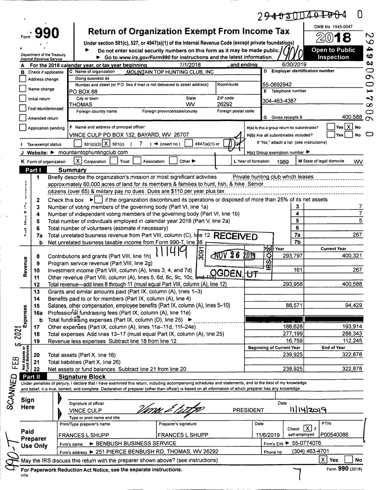 Image of first page of 2018 Form 990O for Mountain Top Hunting Club