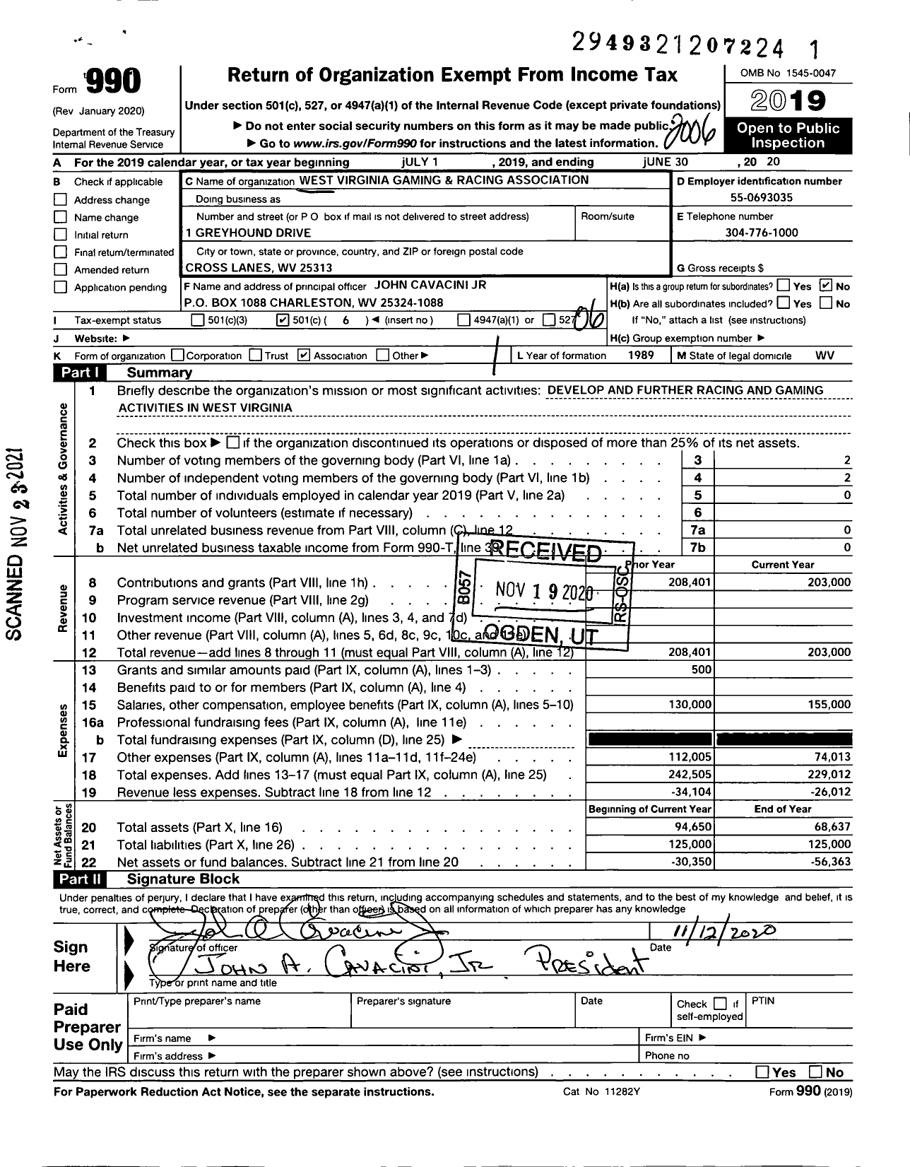 Image of first page of 2019 Form 990O for West Virginia Gaming and Racing Association