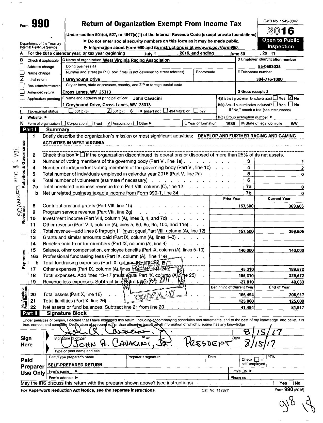 Image of first page of 2016 Form 990O for West Virginia Gaming and Racing Association