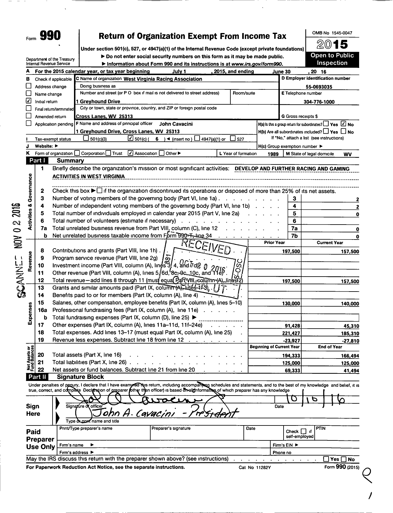 Image of first page of 2015 Form 990O for West Virginia Gaming and Racing Association