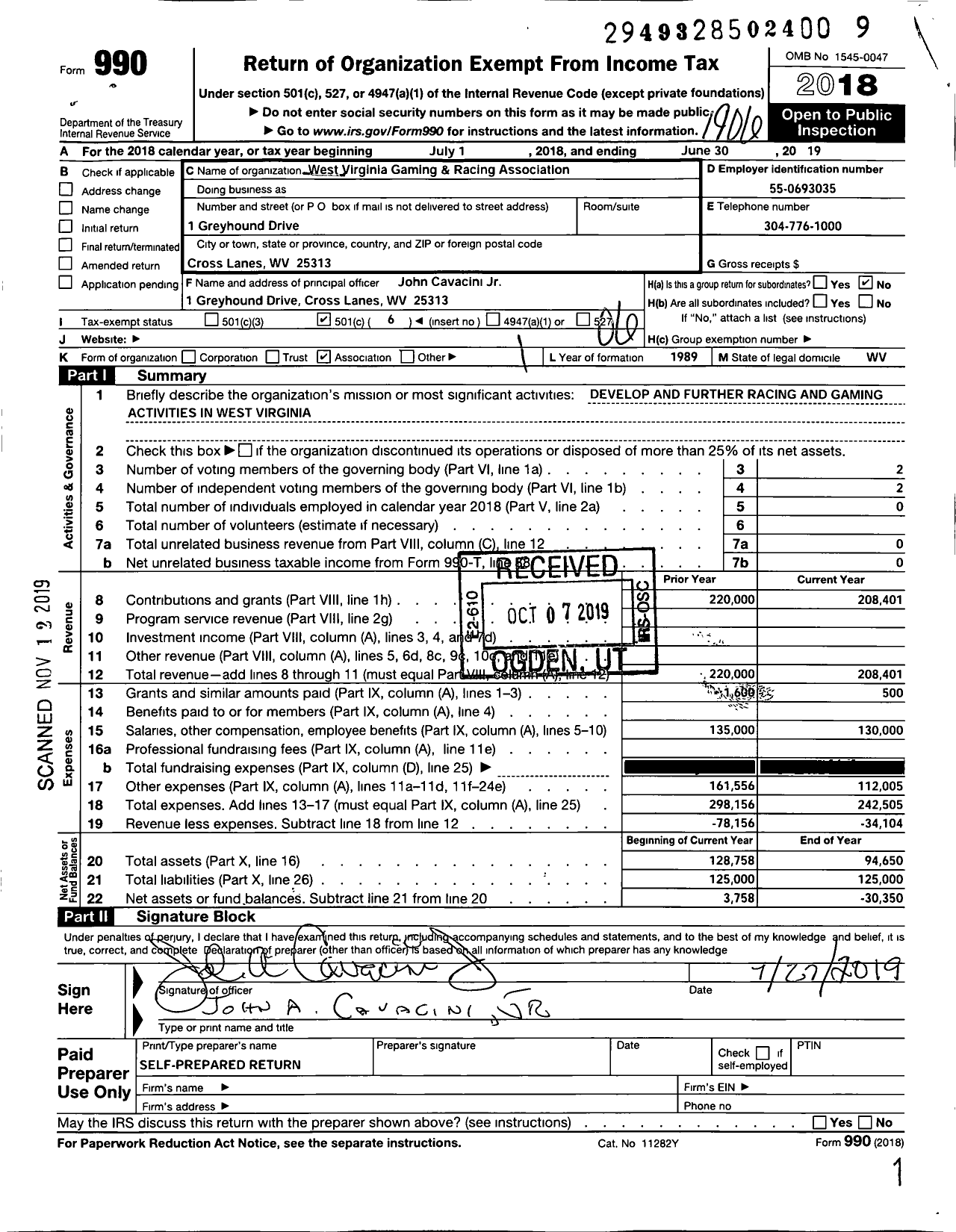 Image of first page of 2018 Form 990O for West Virginia Gaming and Racing Association