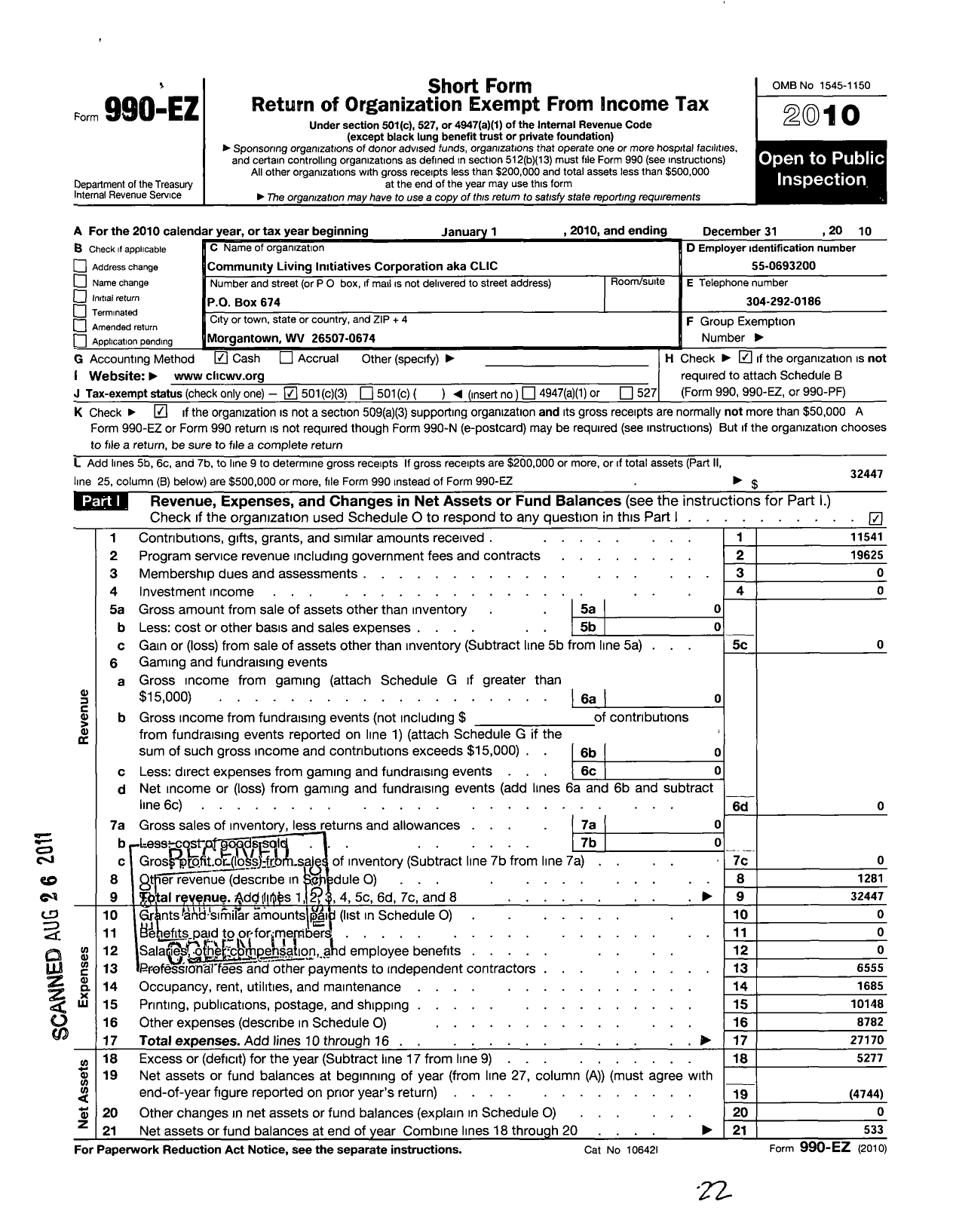 Image of first page of 2010 Form 990EZ for Community Living Initatives Corpora Corporation (CLIC)