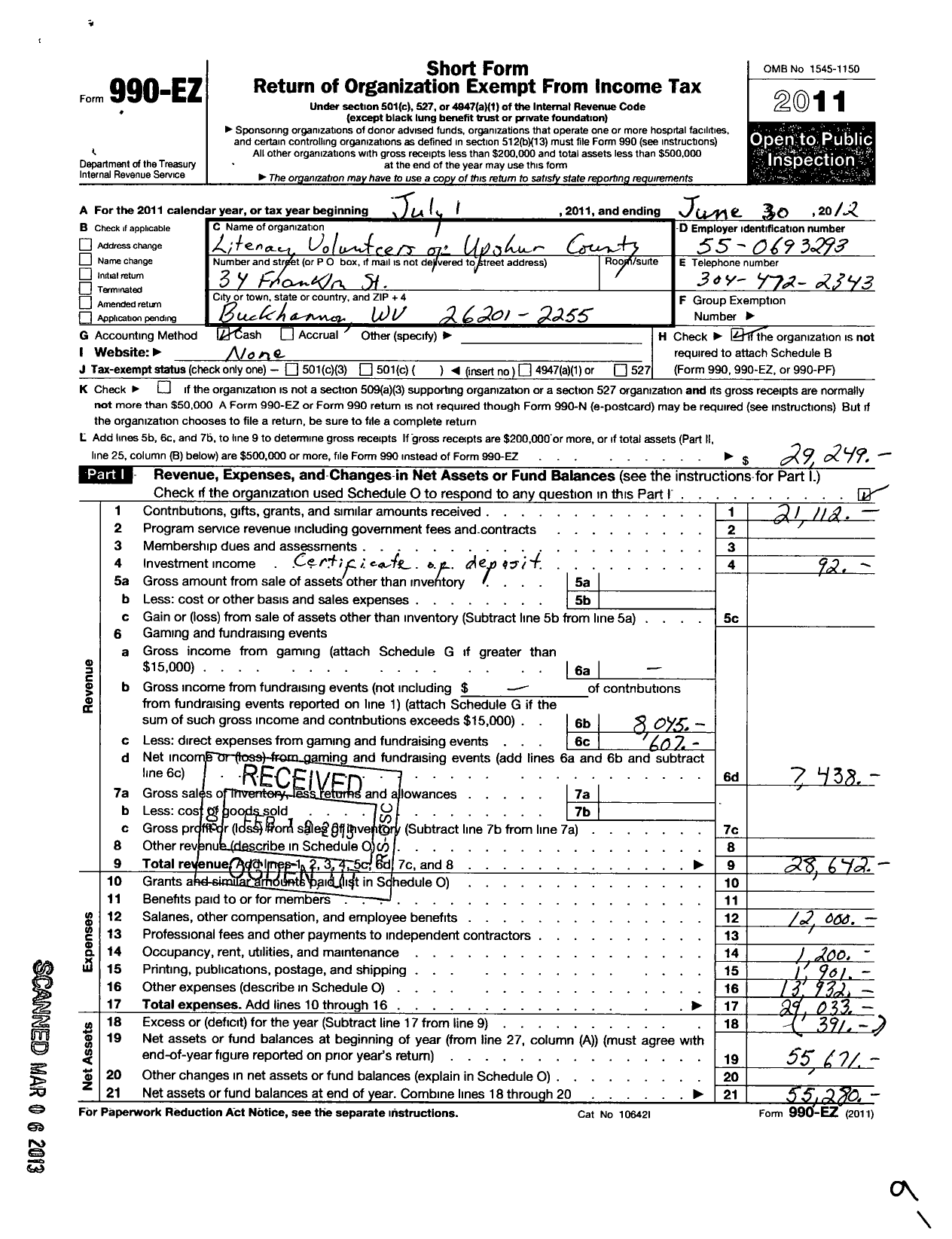 Image of first page of 2011 Form 990EO for Literacy Volunteers of Upshur County