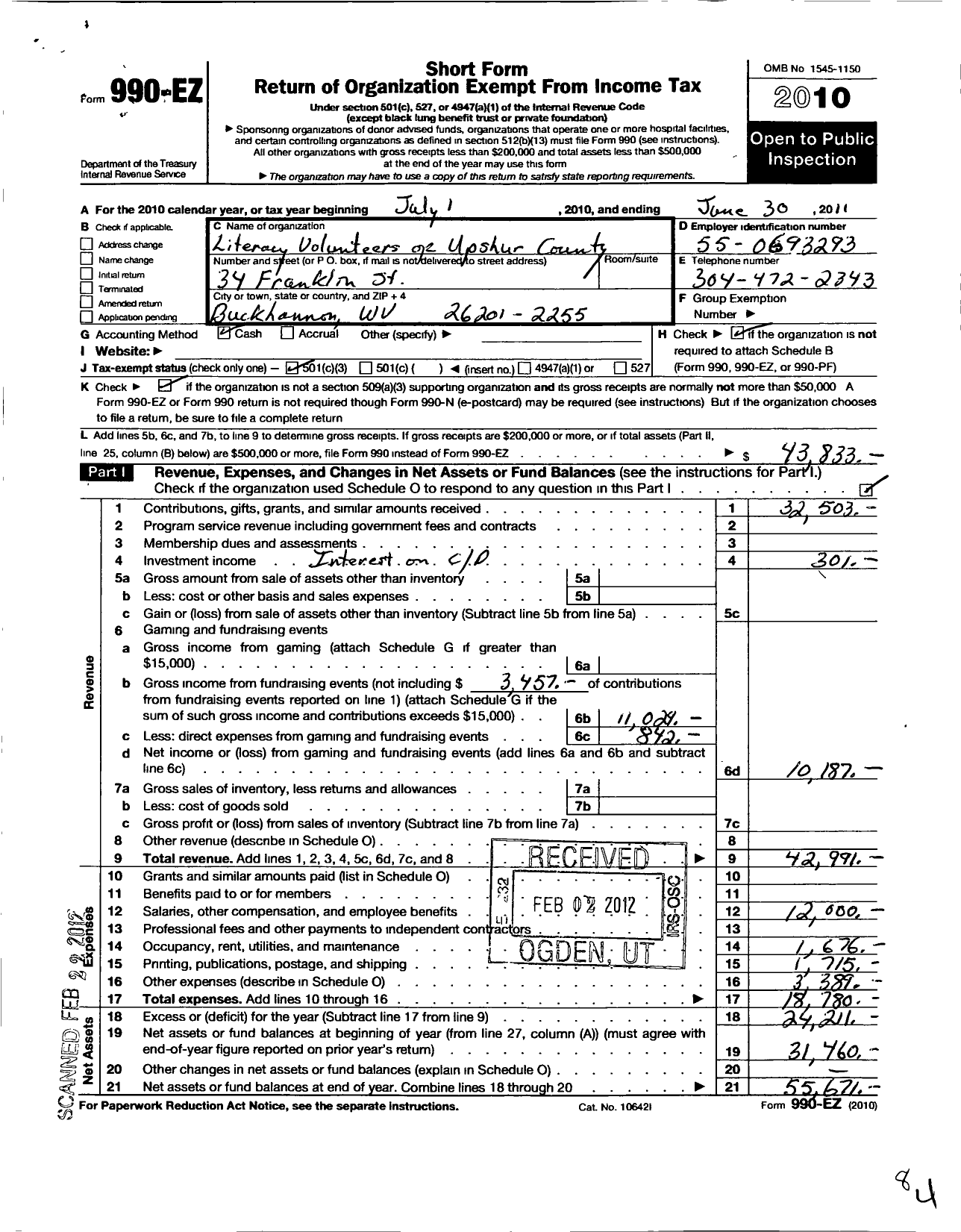 Image of first page of 2010 Form 990EZ for Literacy Volunteers of Upshur County