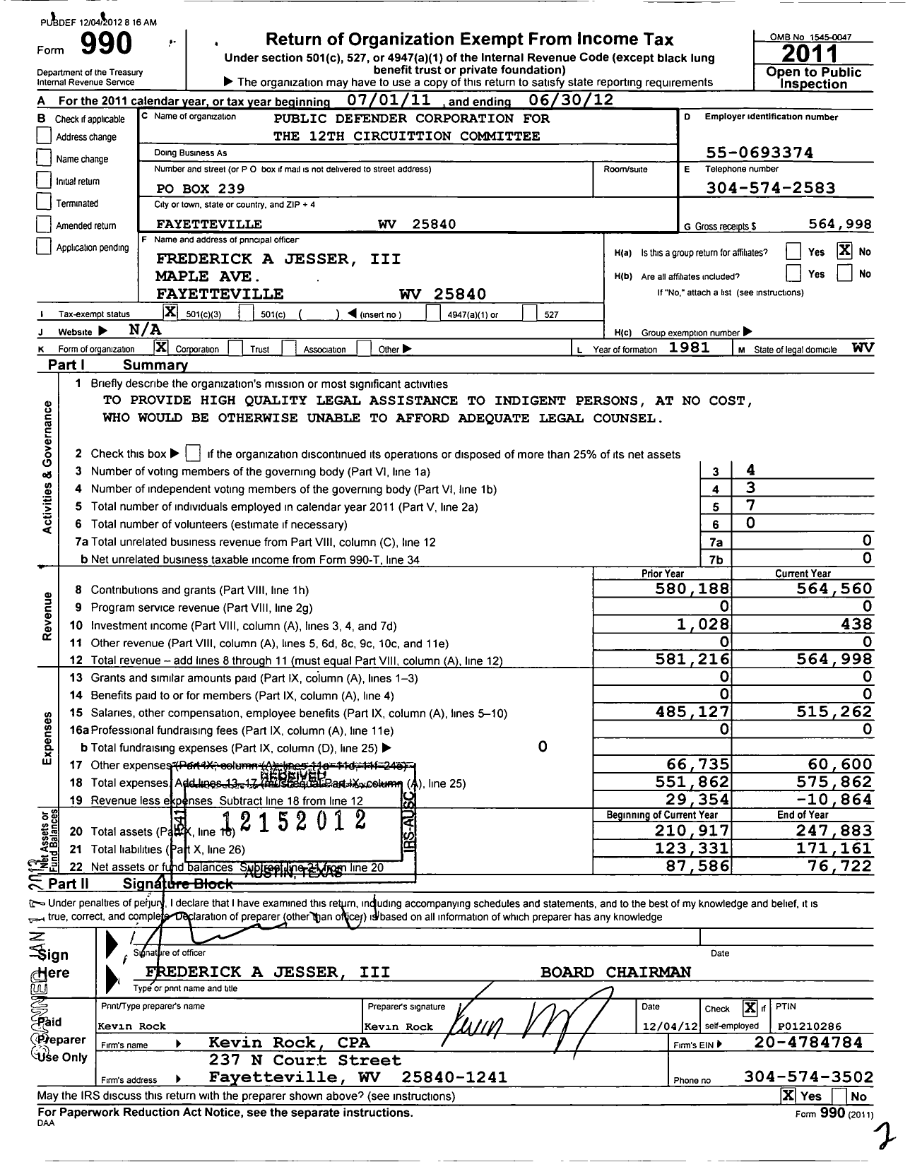 Image of first page of 2011 Form 990 for Public Defender Corporation for the 12TH Circulation