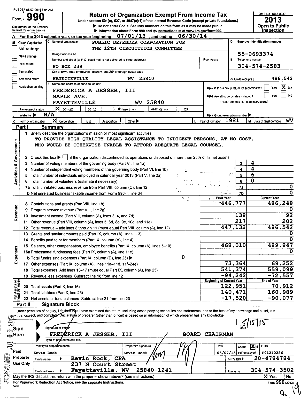 Image of first page of 2013 Form 990 for Public Defender Corporation for the 12TH Circulation